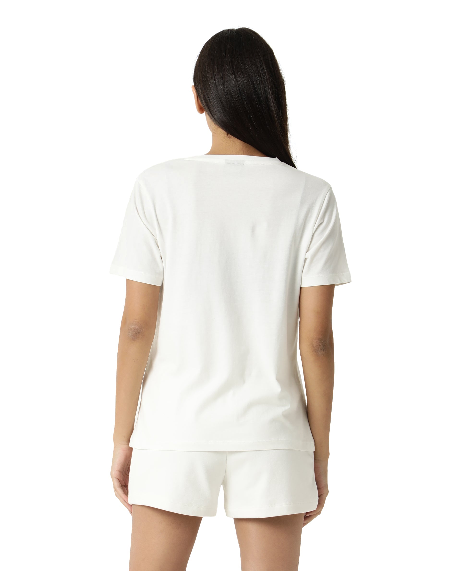 Rareism Women Alcas Off White Cotton Blend Fabric Regular Fit Half Sleeves Solid Round Neck T-Shirt
