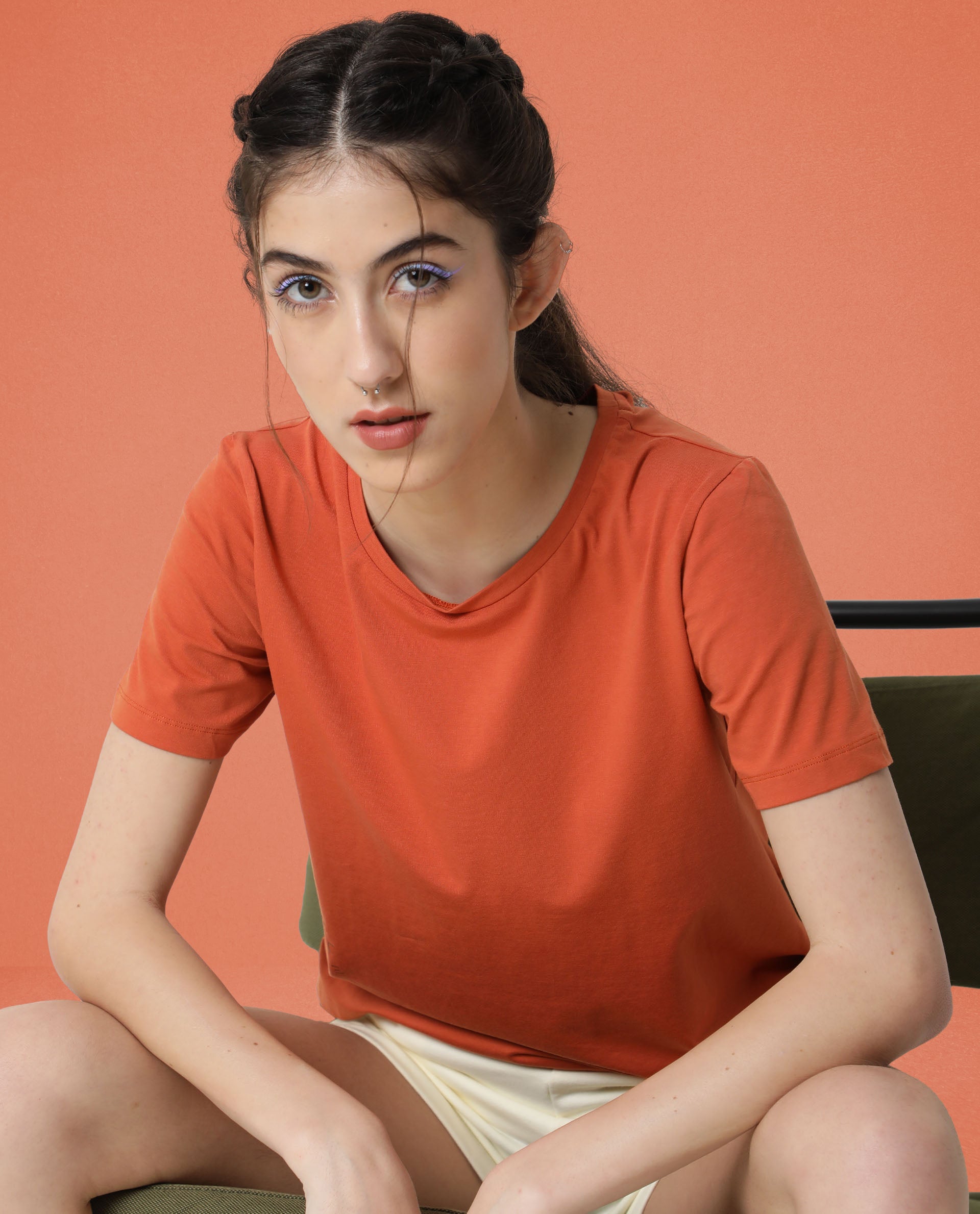 Rareism Women Alcas Orange Cotton Blend Fabric Regular Fit Half Sleeves Solid Round Neck T-Shirt