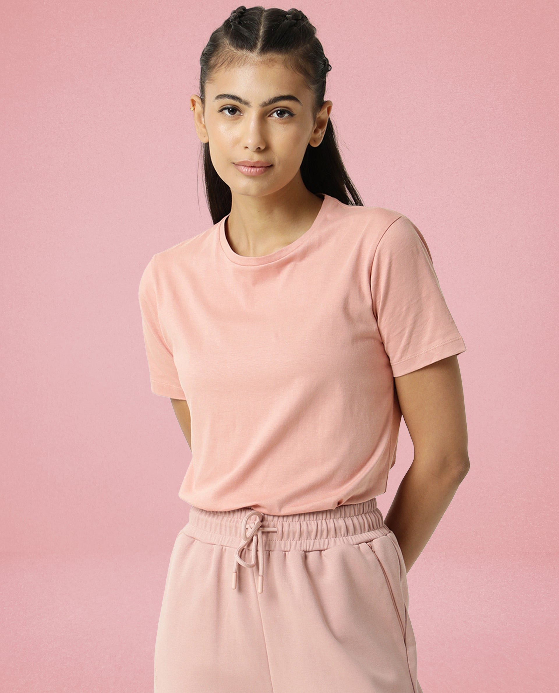 Rareism Women Alcas Dusky Pink Cotton Blend Fabric Regular Fit Half Sleeves Solid Round Neck T-Shirt