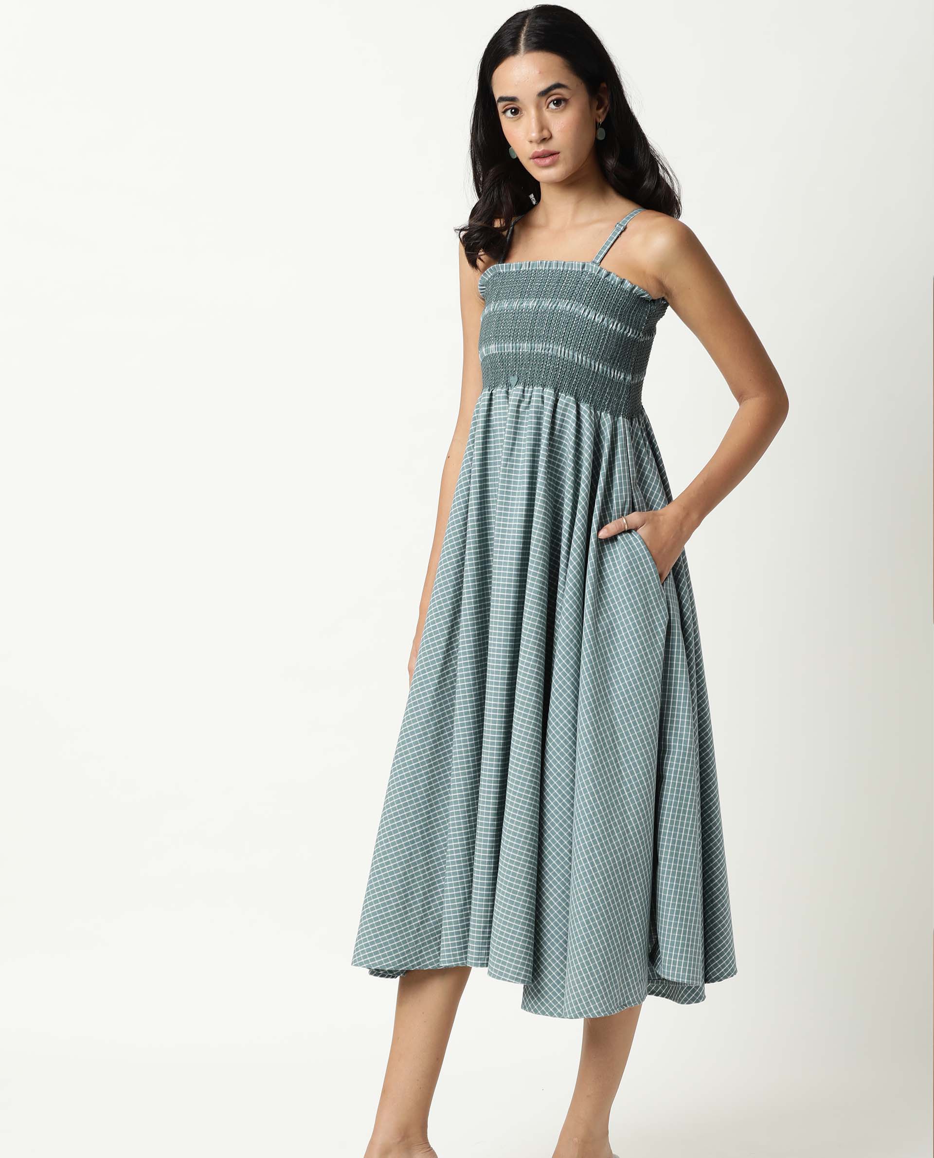 Rareism Womens Ald Green Dress Cotton Linen Fabric Regular Fit Sleeveless Square Neck