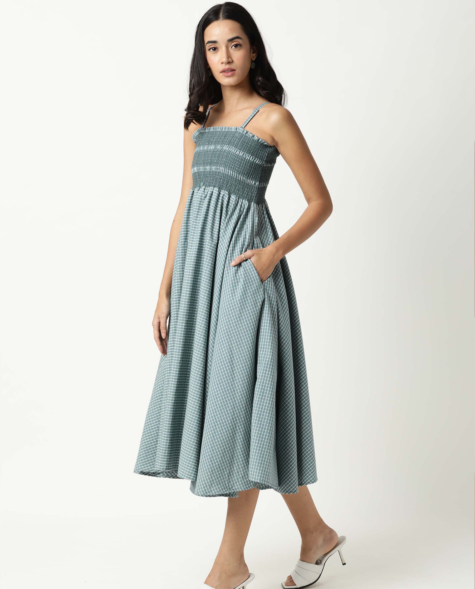 Rareism Womens Ald Green Dress Cotton Linen Fabric Regular Fit Sleeveless Square Neck