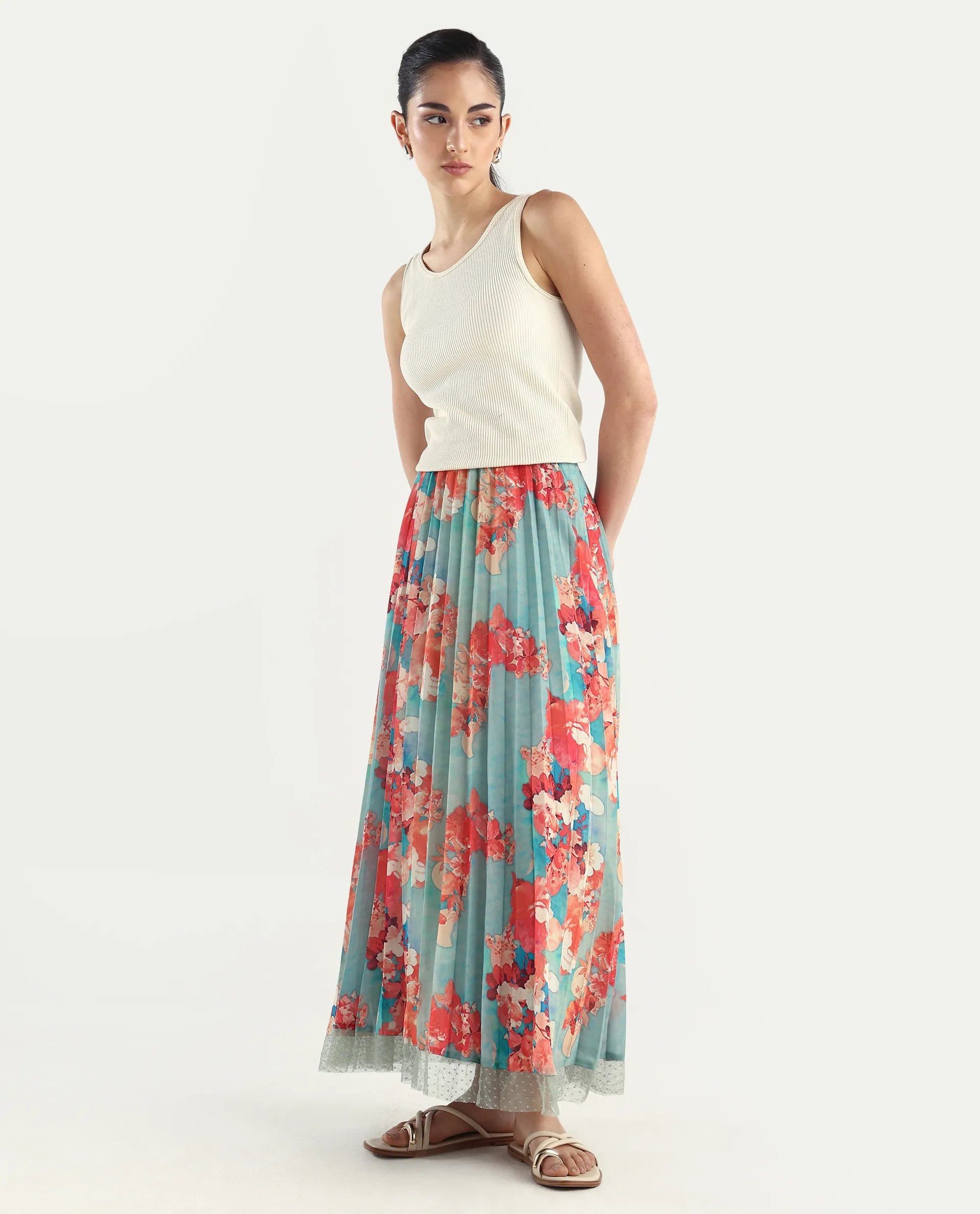 Rareism Women's Alvia Multi Polyester Floral Print Ankle Length Flared Skirt