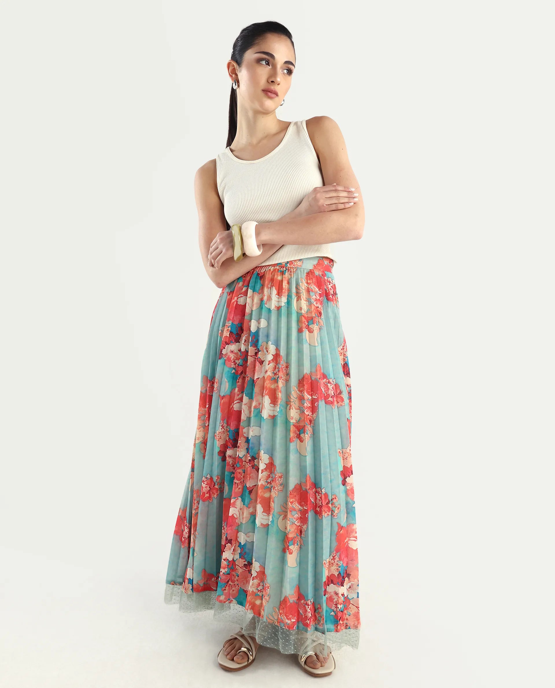 Rareism Women's Alvia Multi Polyester Floral Print Ankle Length Flared Skirt