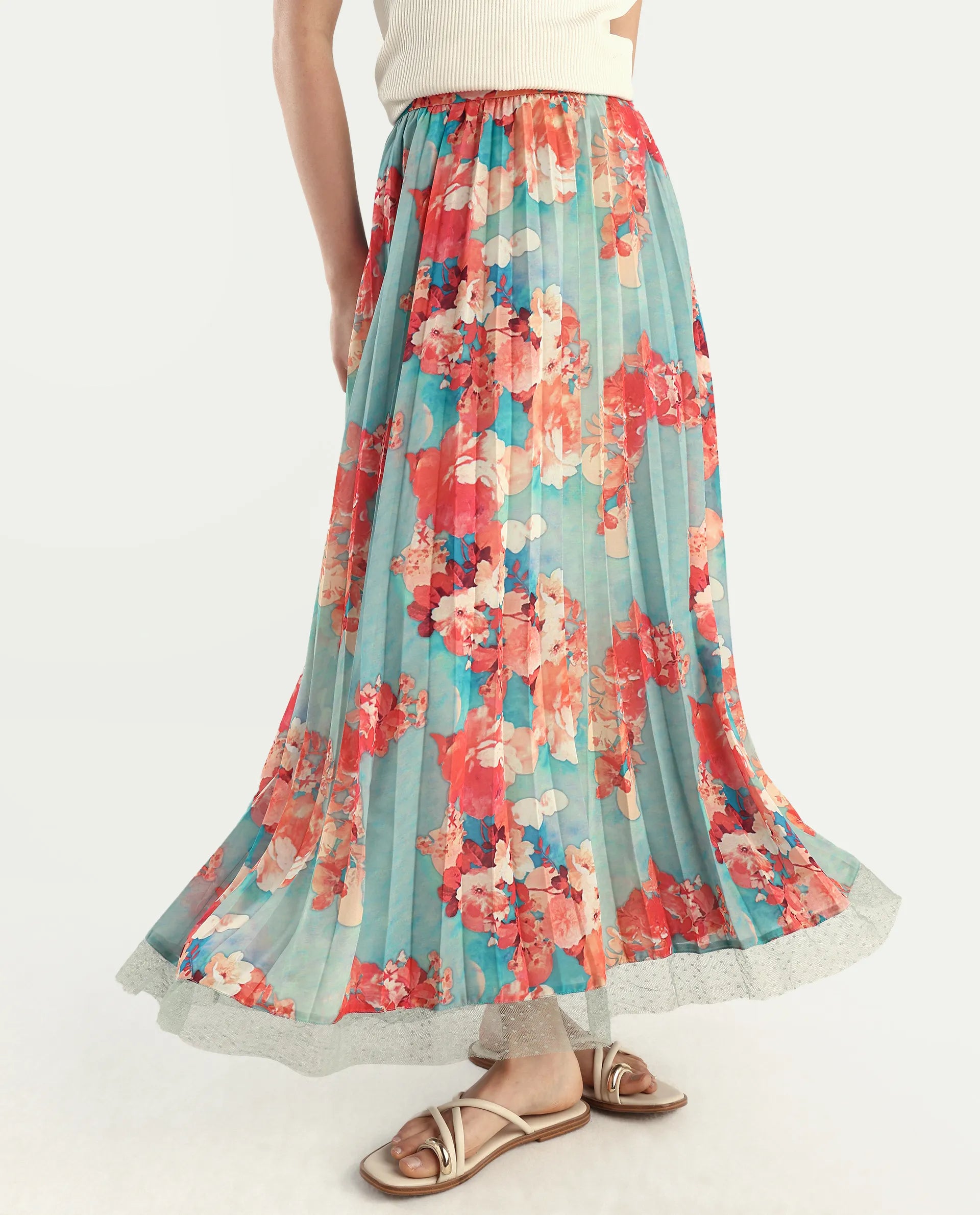 Rareism Women's Alvia Multi Polyester Floral Print Ankle Length Flared Skirt