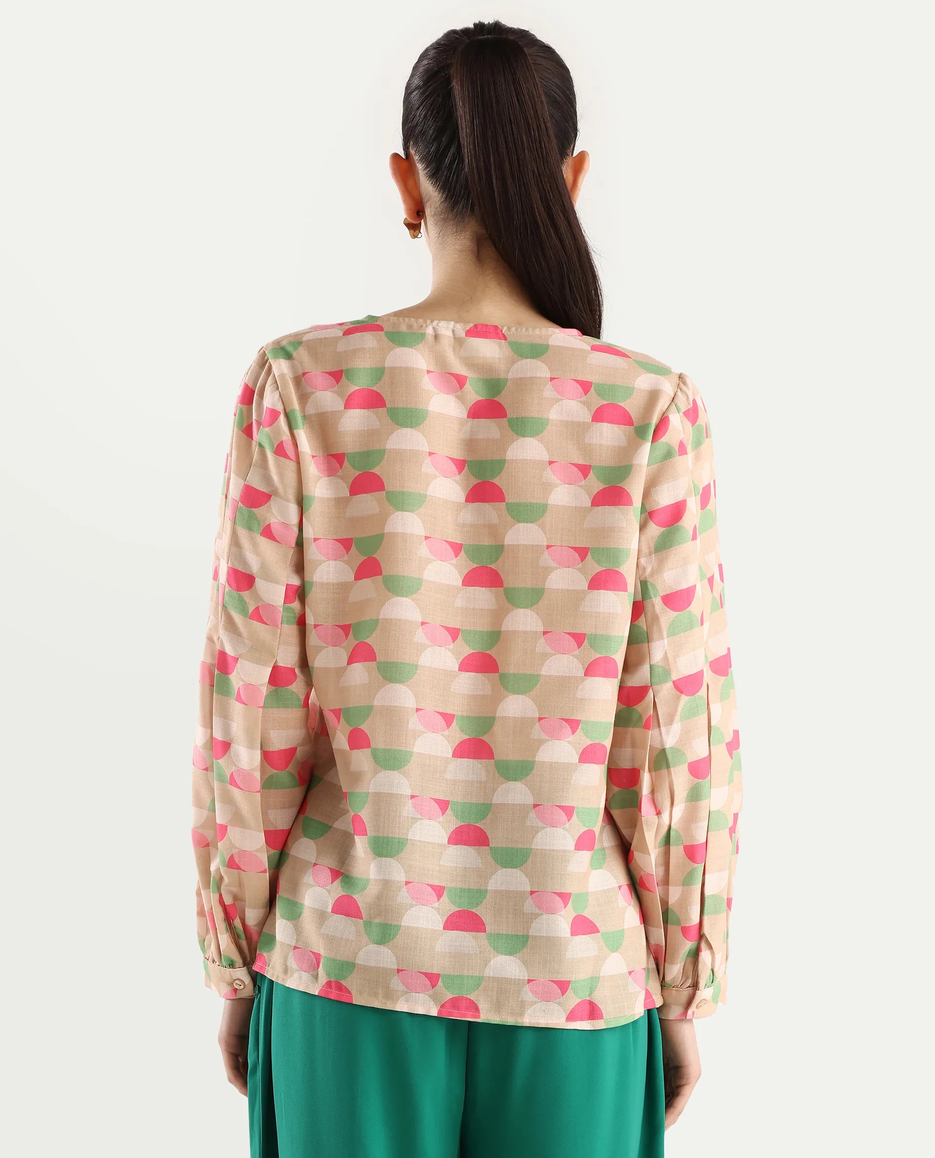 Rareism Women's Amaris Multi Linen V-Neck Geometric Print Bishop Sleeve Regular Fit Top