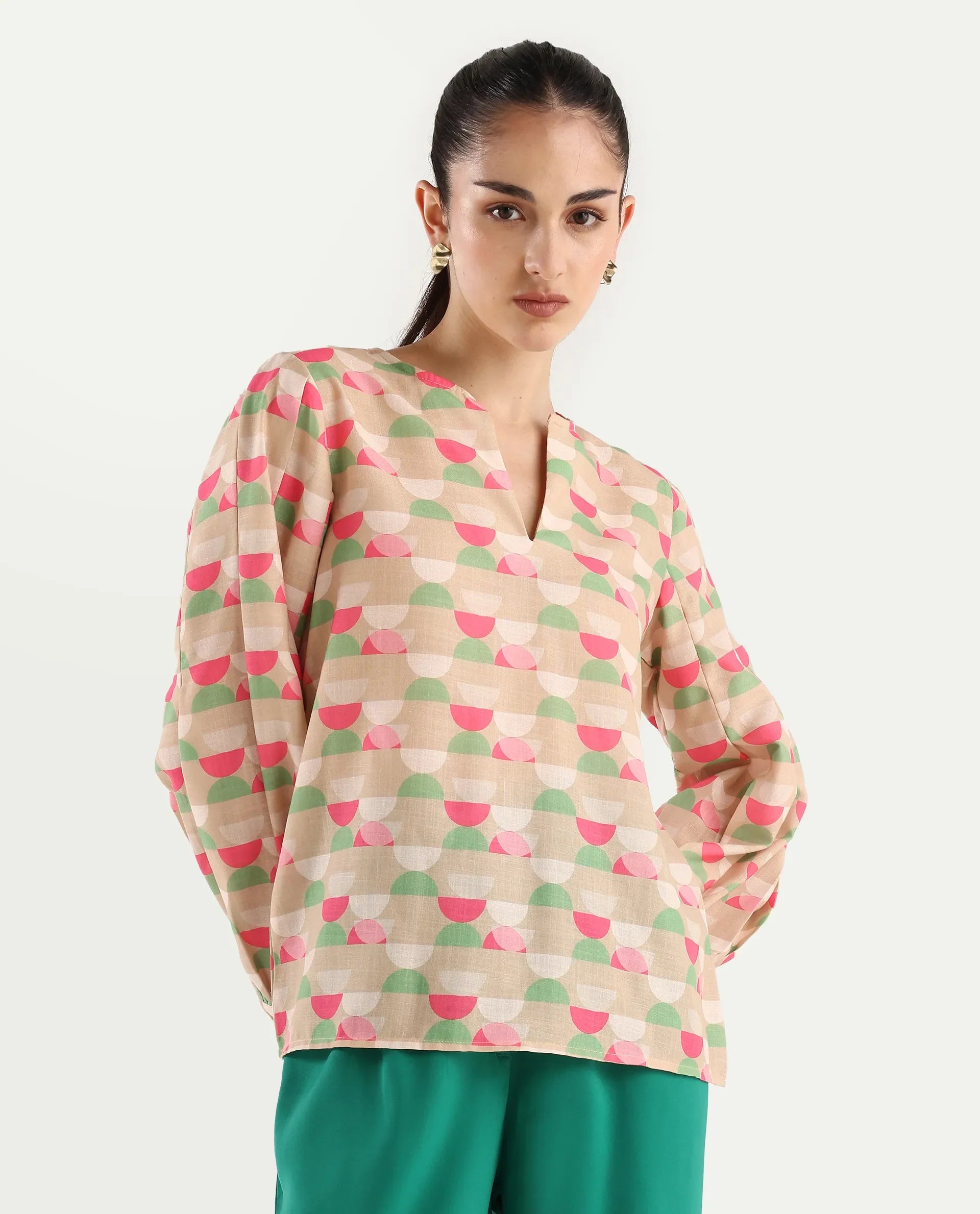 Rareism Women's Amaris Multi Linen V-Neck Geometric Print Bishop Sleeve Regular Fit Top