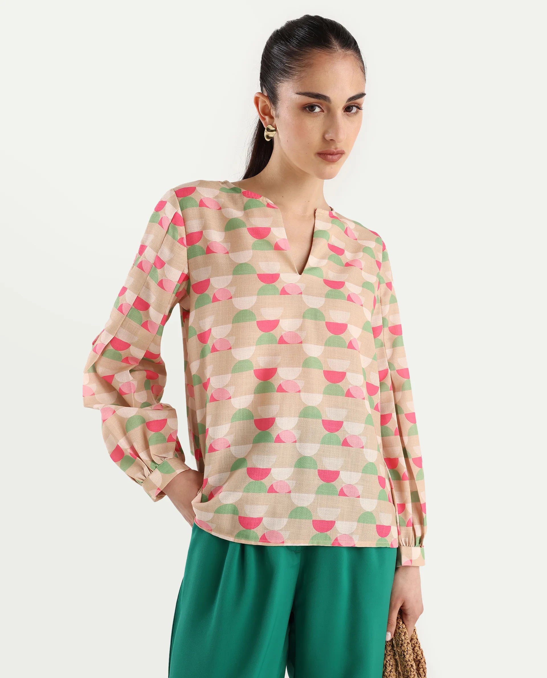 Rareism Women's Amaris Multi Linen V-Neck Geometric Print Bishop Sleeve Regular Fit Top