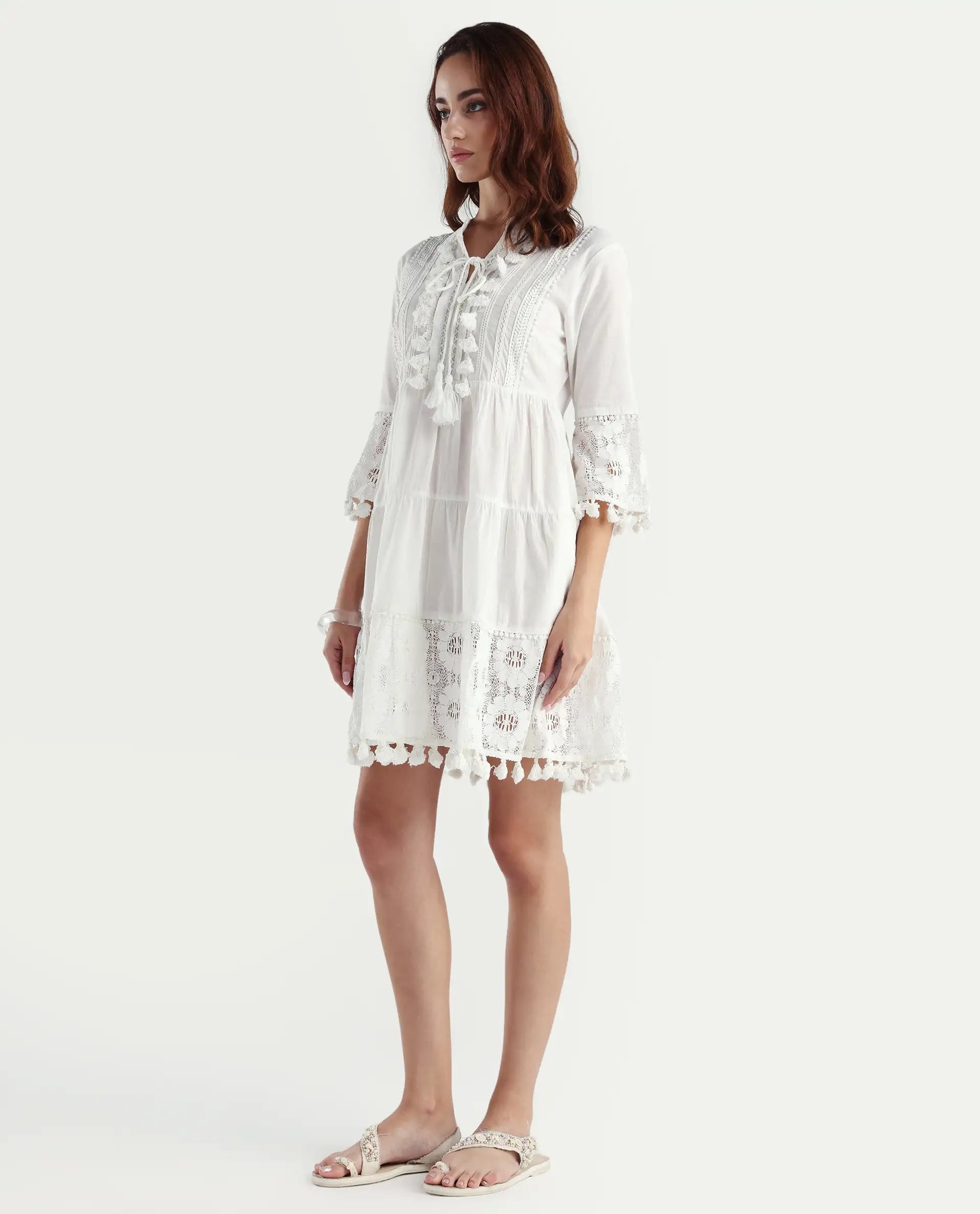 Rareism Women's Andarin White Cotton Tie-Up Neck Plain Bell Sleeve Knee Length Regular Fit Dress
