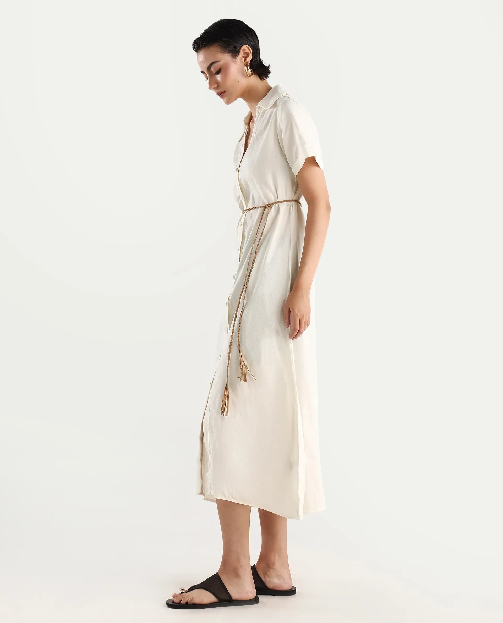 Rareism Women's Ania White Cotton Drop Collar Plain Maxi A-Line Dress