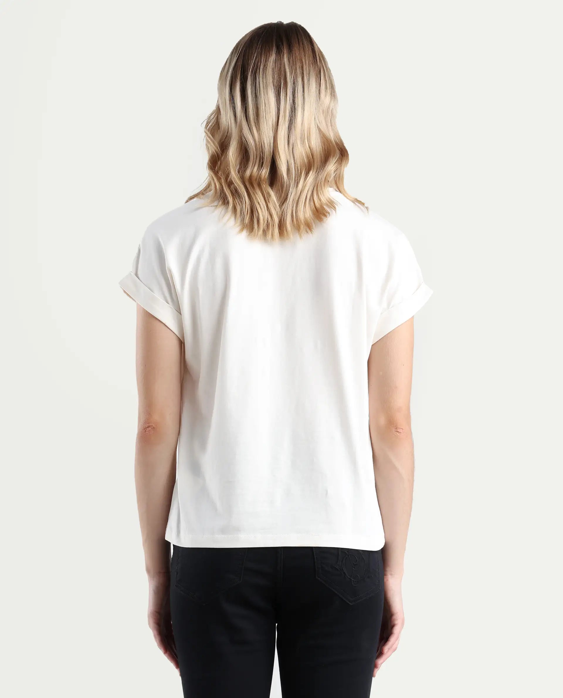 Rareism Women's Antilot Off White Cotton Blend Crew Neck Graphic Print Extended Sleeves Regular Fit T-Shirt