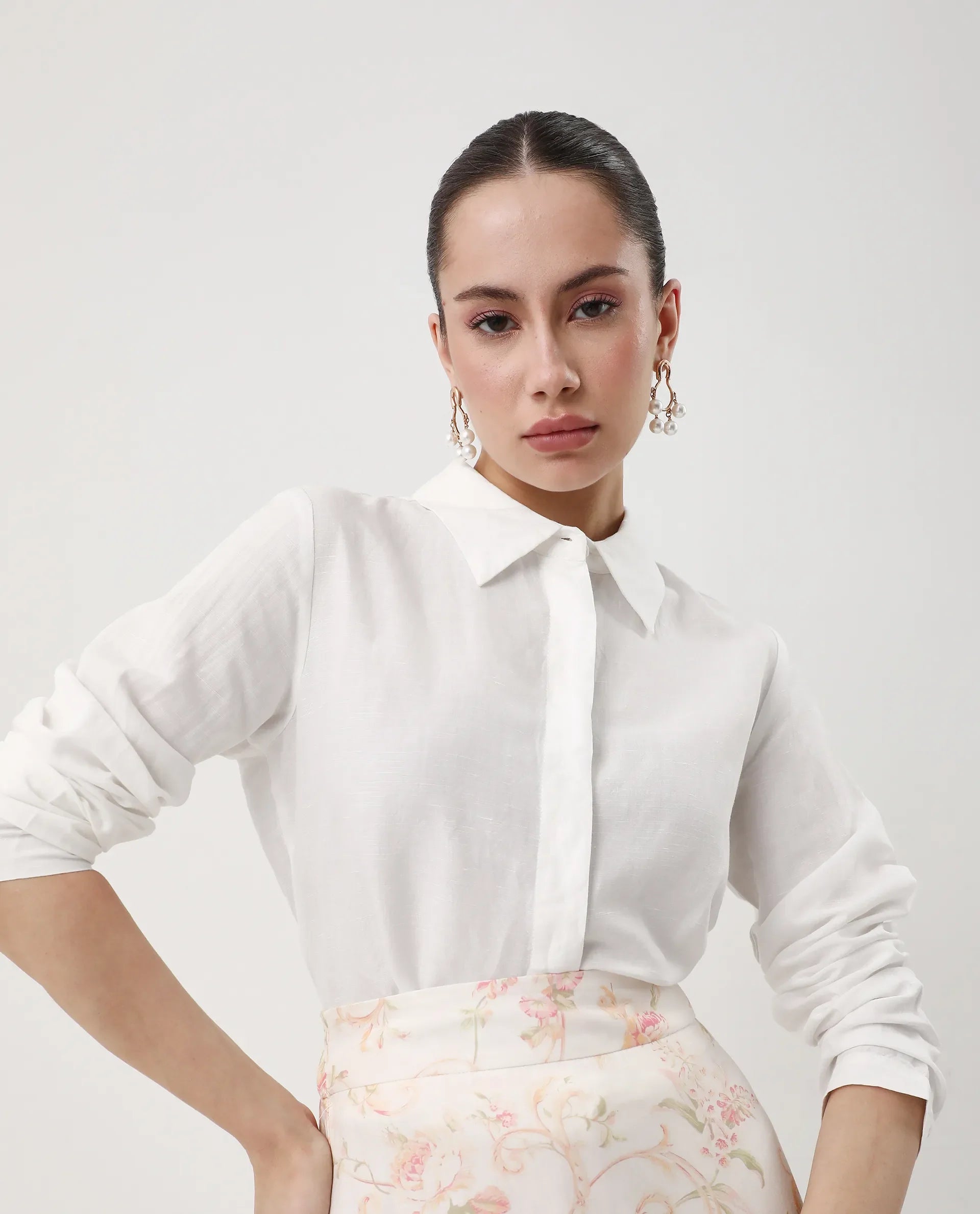 Rareism Women's Appleby White Linen Spread Collar Plain Cuffed Sleeve Regular Fit Shirt