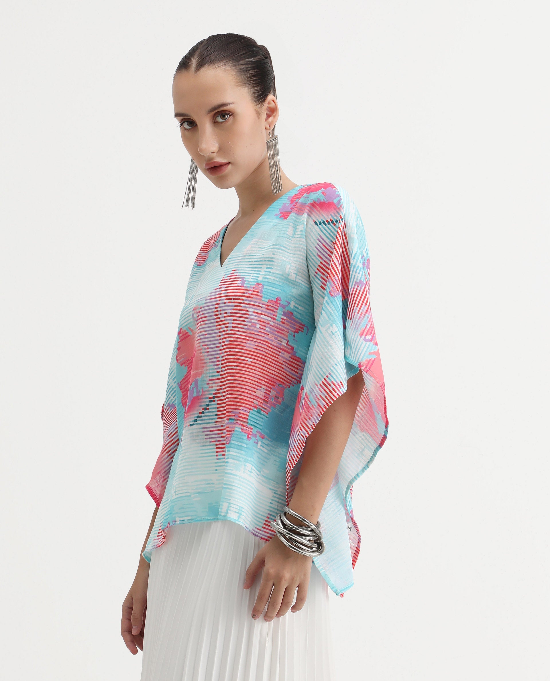Rareism Women's Arial Light Linen V-Neck Abstract Print Kimono Sleeve Relaxed Fit Top