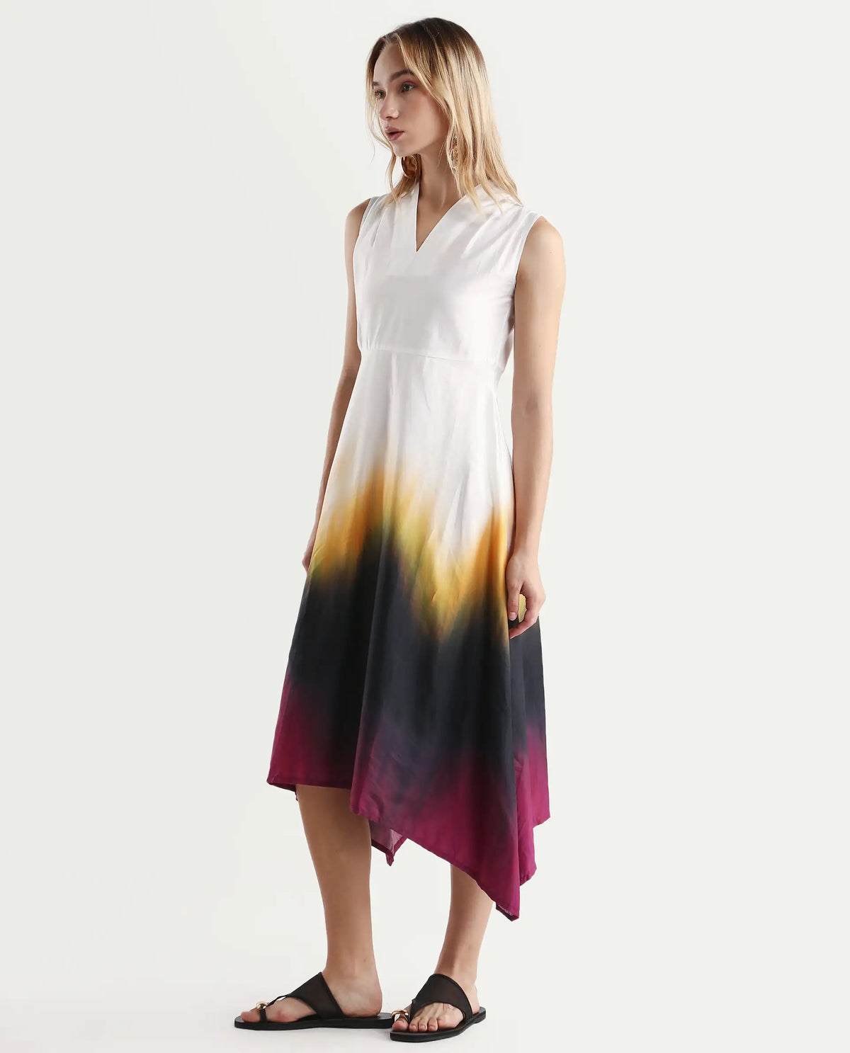 Rareism Women's Armenian Multi Cotton Blend V-Neck Ombre Sleeveless Midi Flared Dress