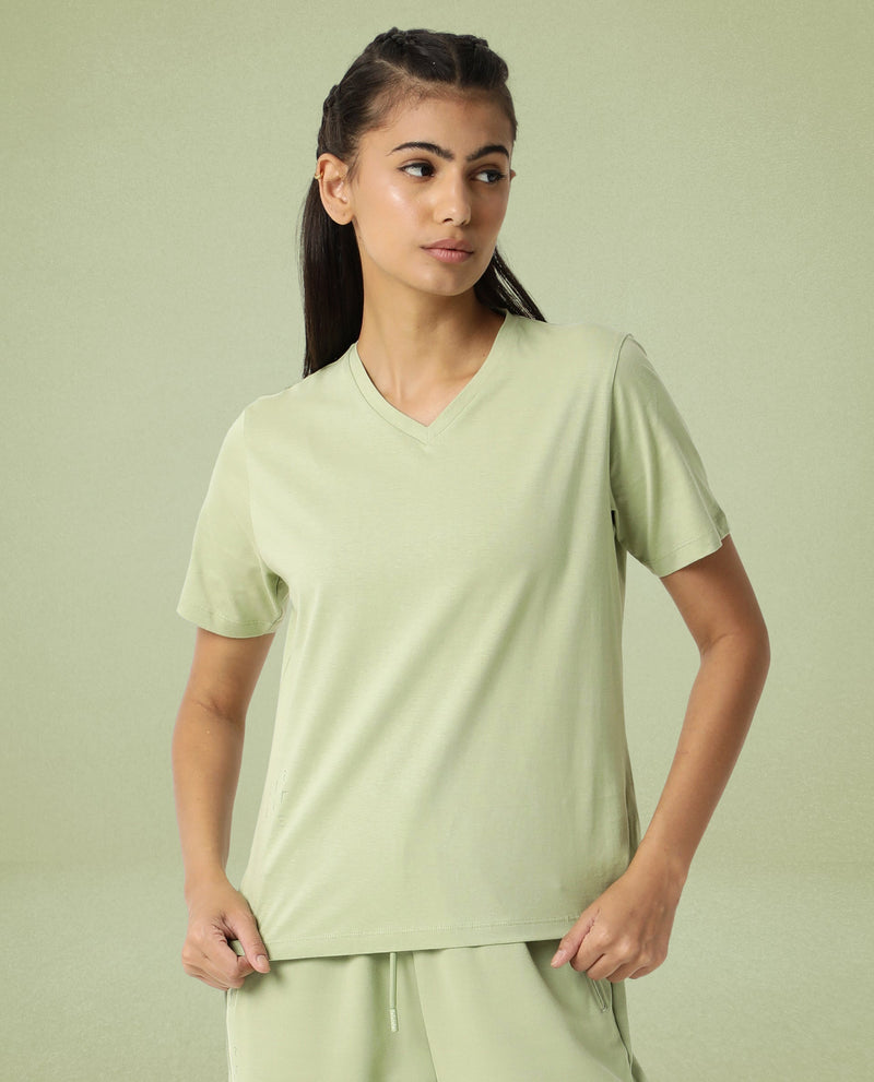 Rareism Women Arvi Light Green Cotton Blend Fabric Regular Fit Half Sleeves Solid V-Neck T-Shirt