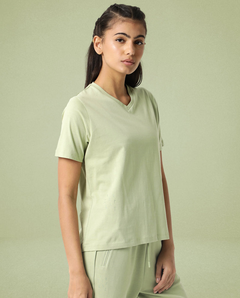 Rareism Women Arvi Light Green Cotton Blend Fabric Regular Fit Half Sleeves Solid V-Neck T-Shirt