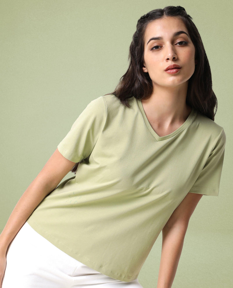 Rareism Women Arvi Light Green Cotton Blend Fabric Regular Fit Half Sleeves Solid V-Neck T-Shirt