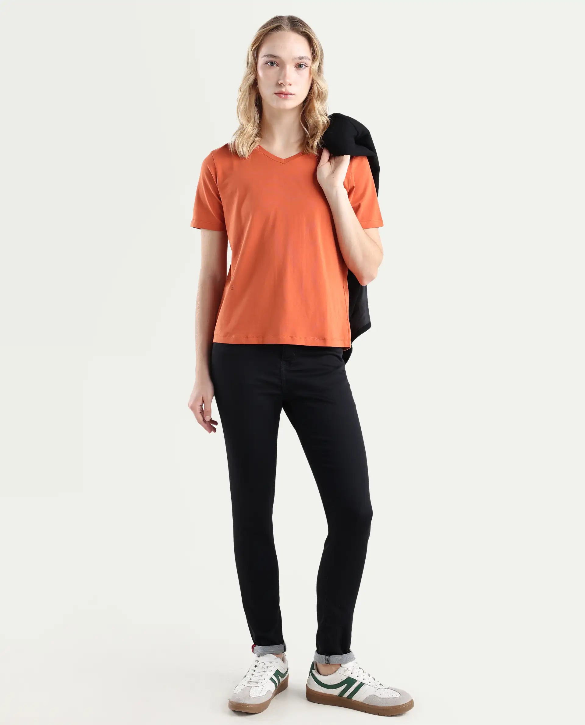 Rareism Women's Light Weight High Stretch 180 Gsm Cotton V-Neck Plain Relaxed Fit T-Shirt