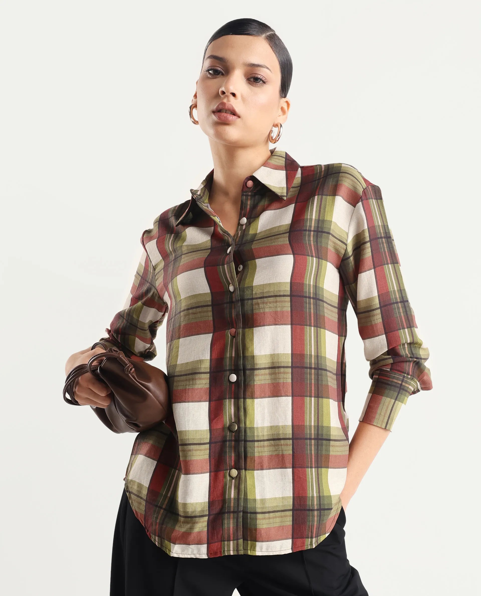 Rareism Women's Atoil Multi Viscose Blend Drop Collar Flannel Print Cuffed Sleeve Regular Fit Shirt