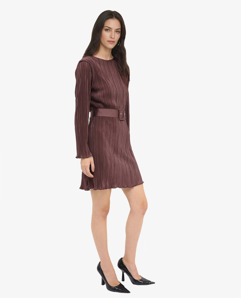 Rareism Womens Averna Brown Polyester Full Sleeve Dyed Pleated Mini Dress