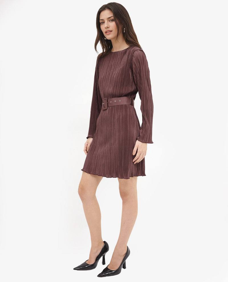 Rareism Womens Averna Brown Polyester Full Sleeve Dyed Pleated Mini Dress