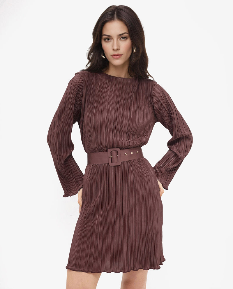 Rareism Womens Averna Brown Polyester Full Sleeve Dyed Pleated Mini Dress