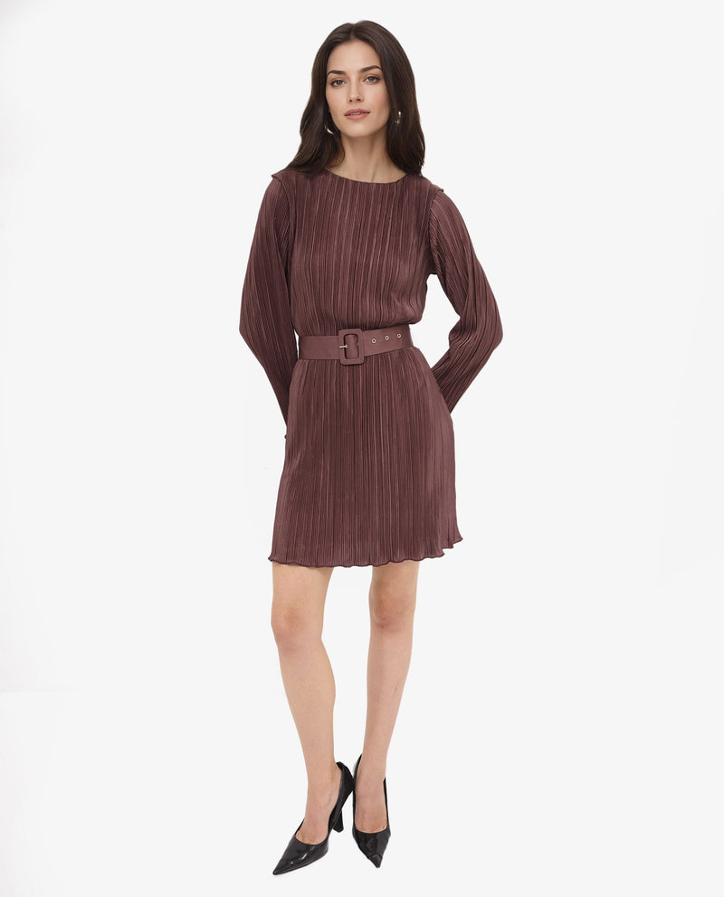 Rareism Womens Averna Brown Polyester Full Sleeve Dyed Pleated Mini Dress