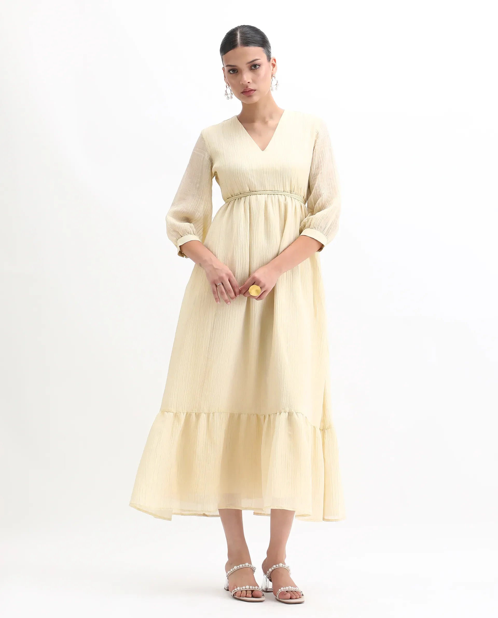 Rareism Women's Avico Gold Viscose V-Neck Fit And Flare Plain Dress