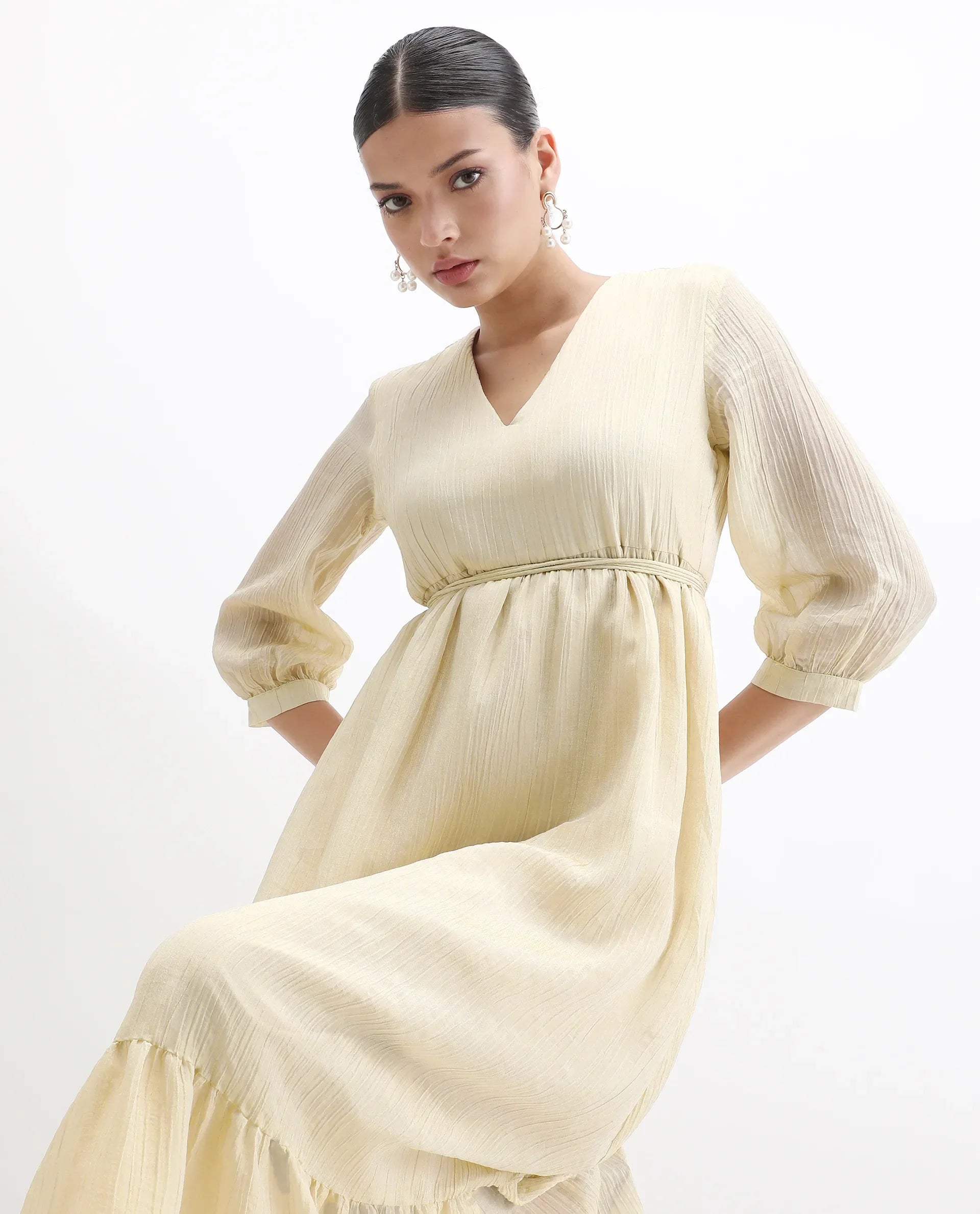 Rareism Women's Avico Gold Viscose V-Neck Fit And Flare Plain Dress