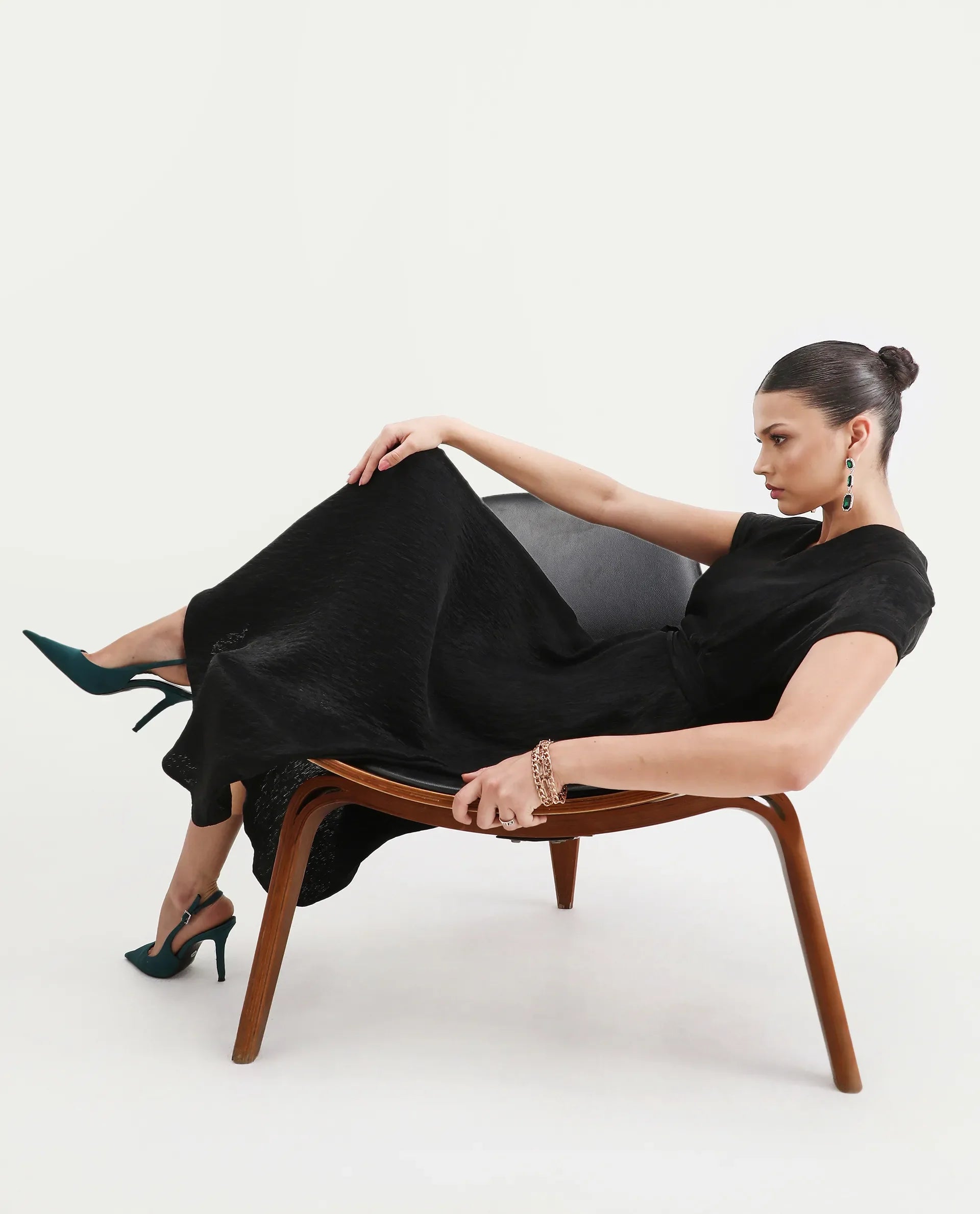 Rareism Women's Aviha Black Nylon Blend V-Neck Flared Plain Dress