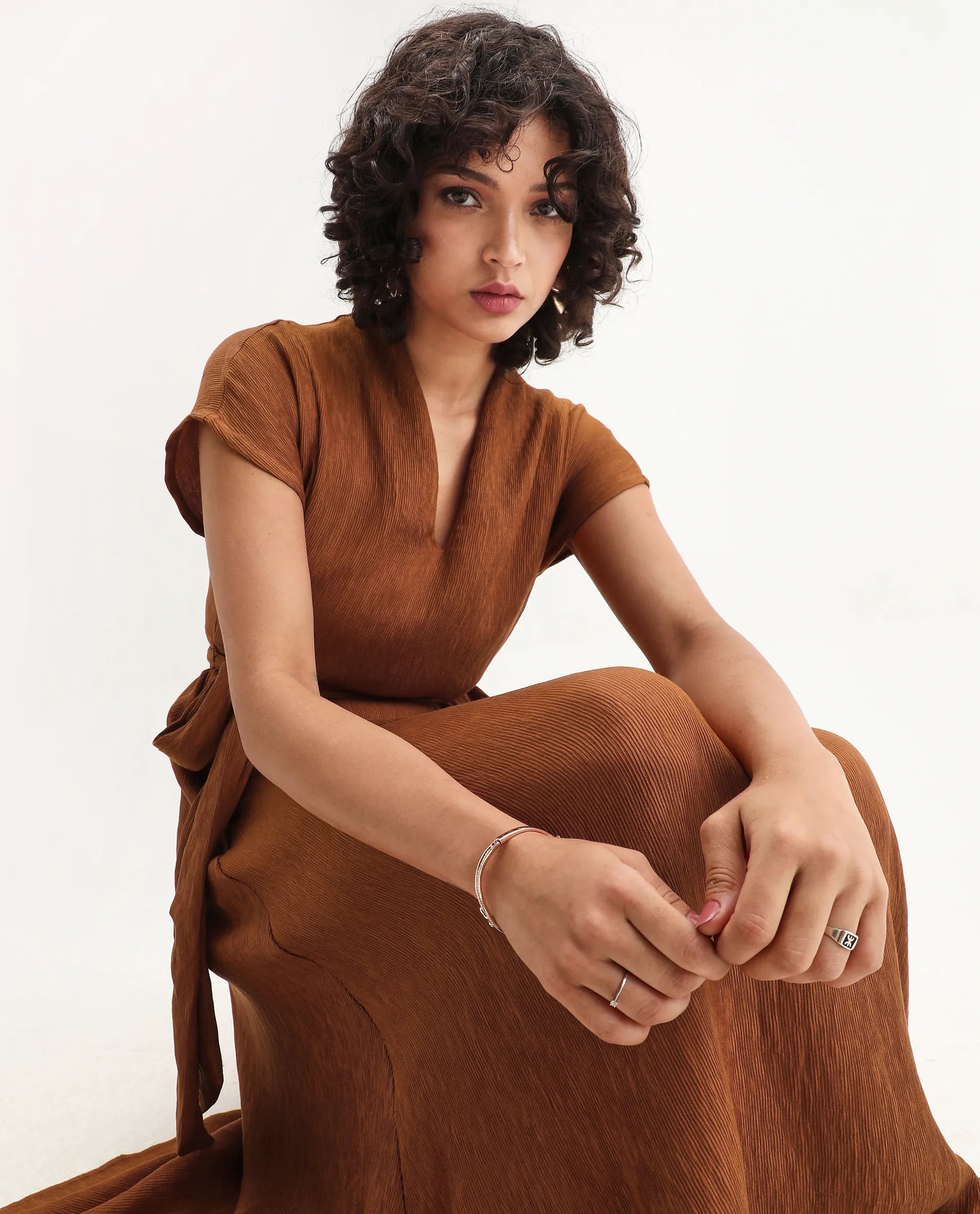 Rareism Women's Aviha Rust Nylon Blend V-Neck Fit And Flare Plain Dress