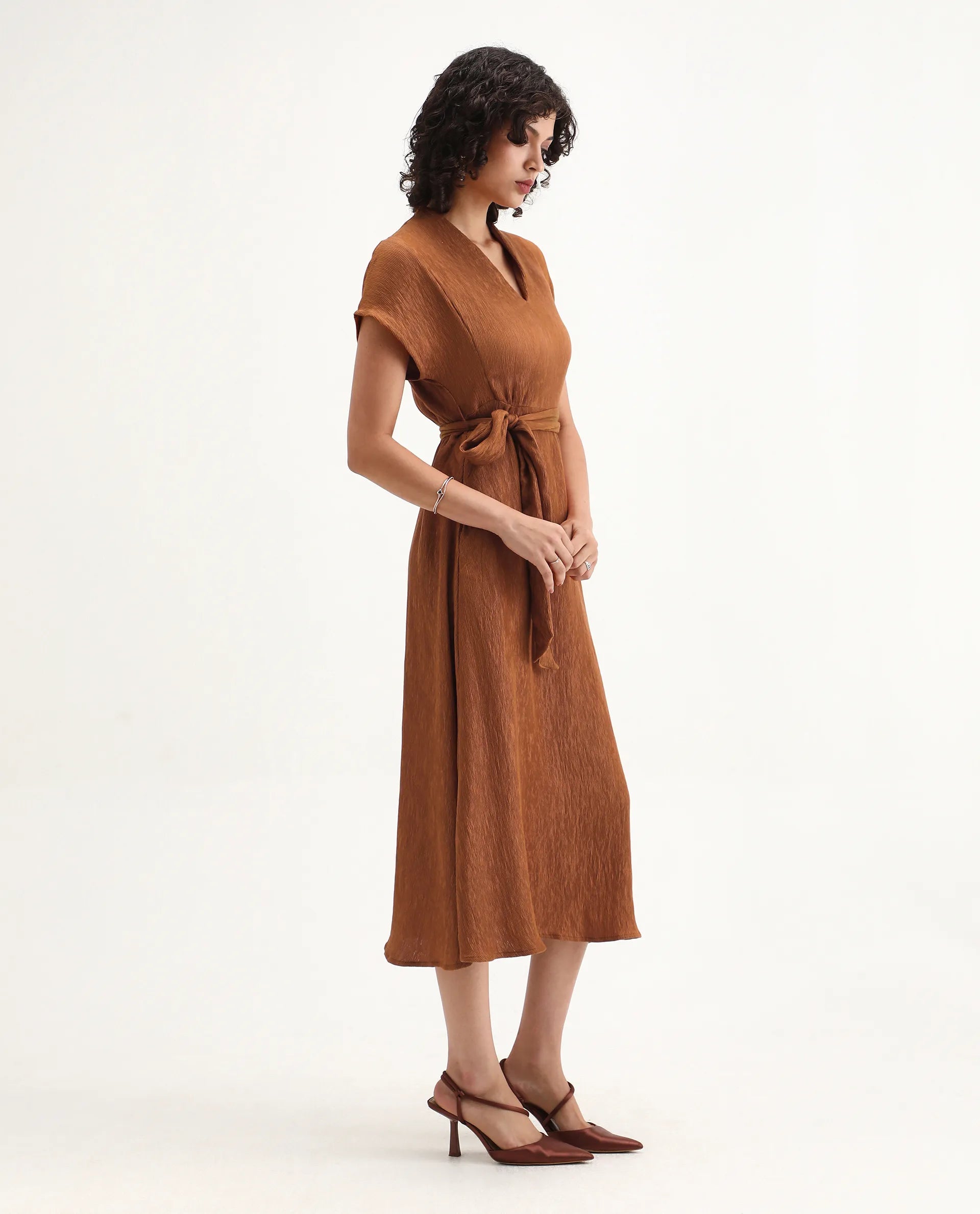 Rareism Women's Aviha Rust Nylon Blend V-Neck Fit And Flare Plain Dress