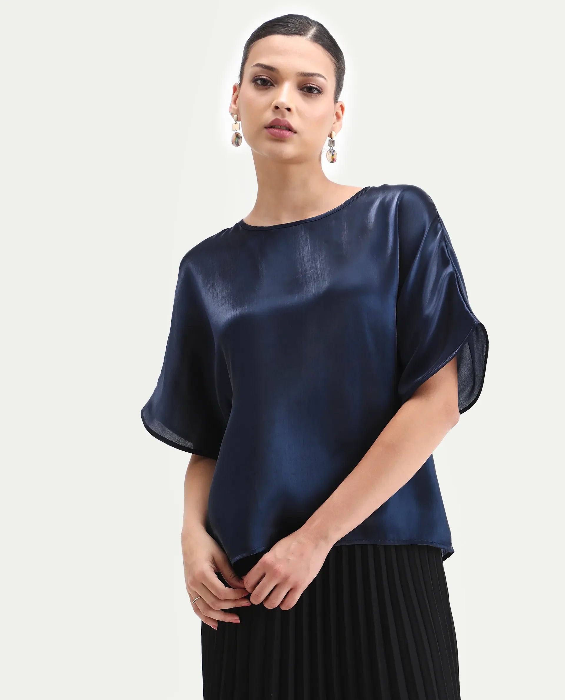 Rareism Women's Avili Navy Polyester Round Neck Boxy Fit Plain Top