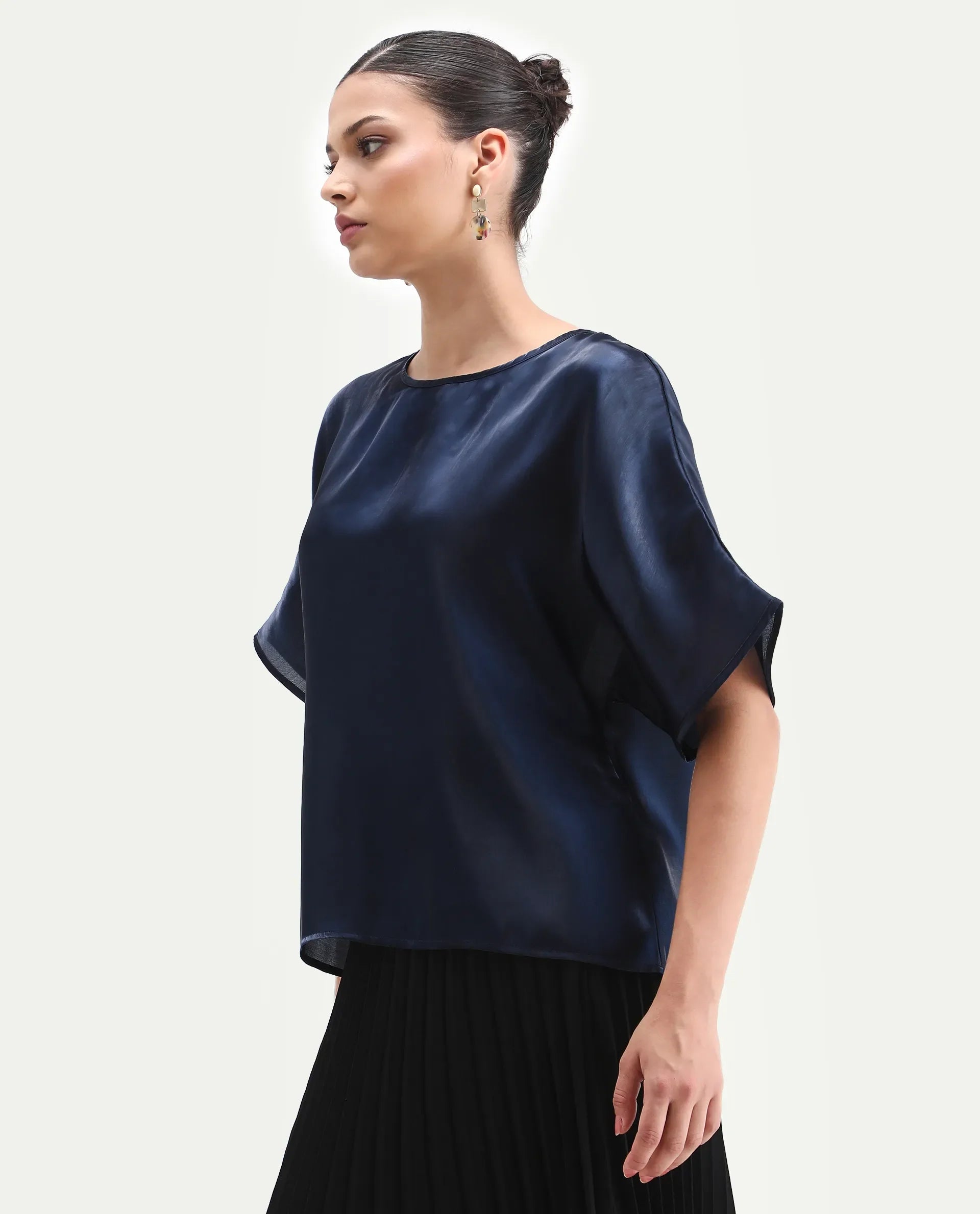Rareism Women's Avili Navy Polyester Round Neck Boxy Fit Plain Top