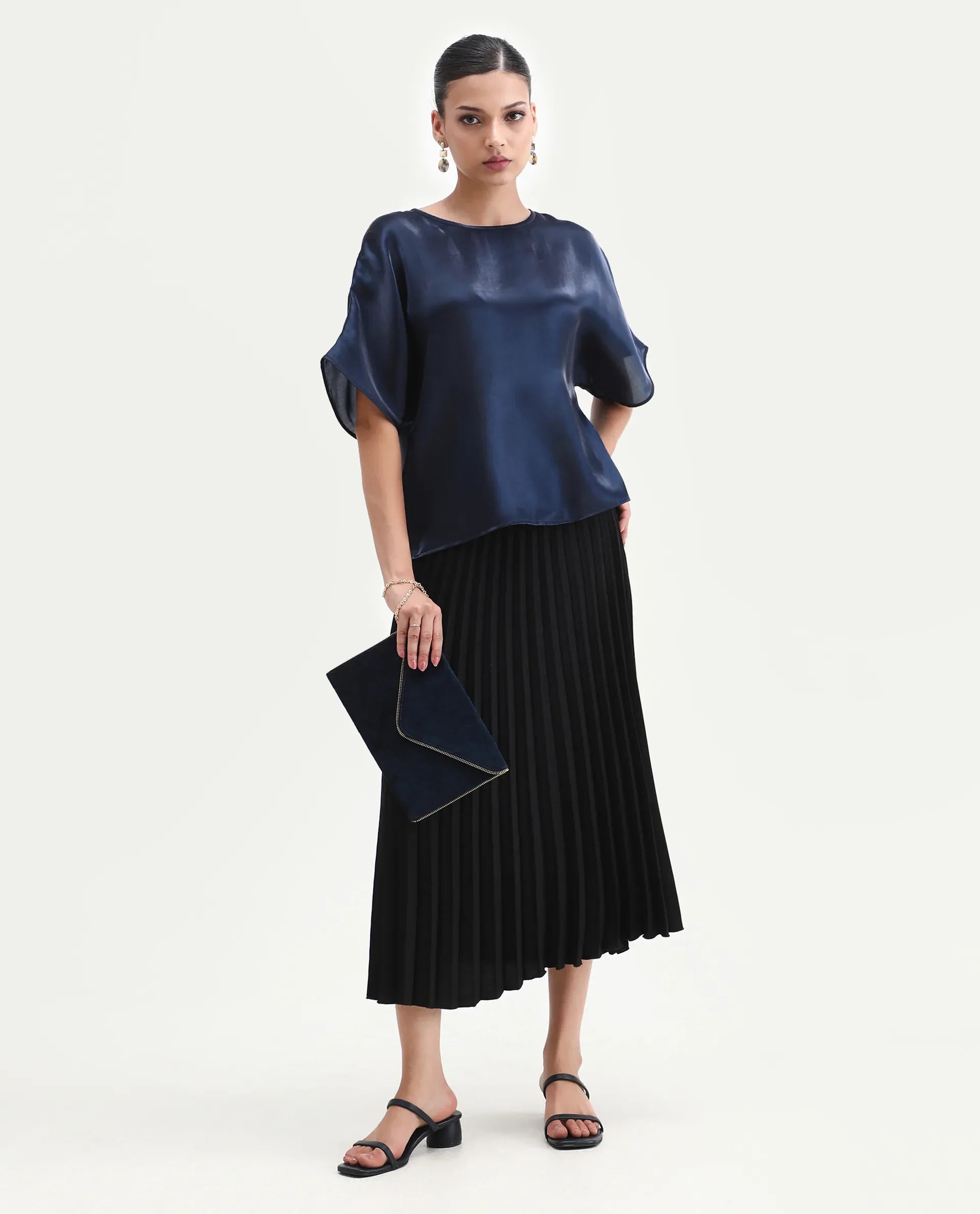 Rareism Women's Avili Navy Polyester Round Neck Boxy Fit Plain Top