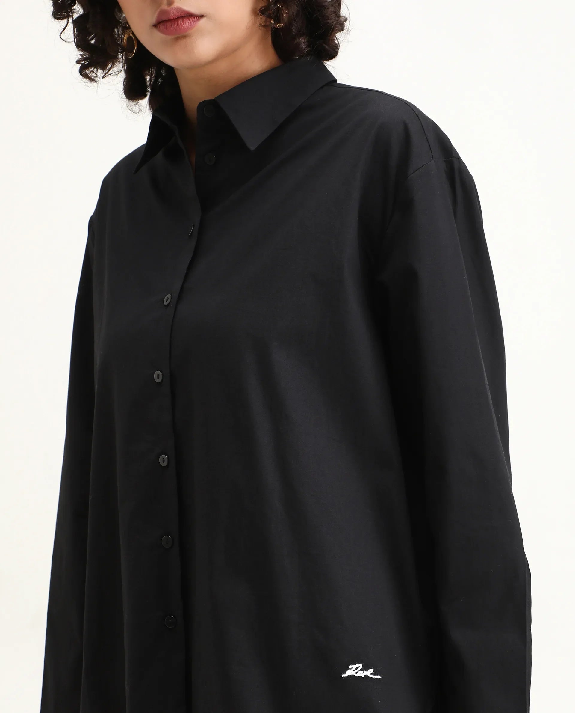 Rareism Women's Avilon Black Cotton Blend Spread Collar Plain Boxy Fit Shirt