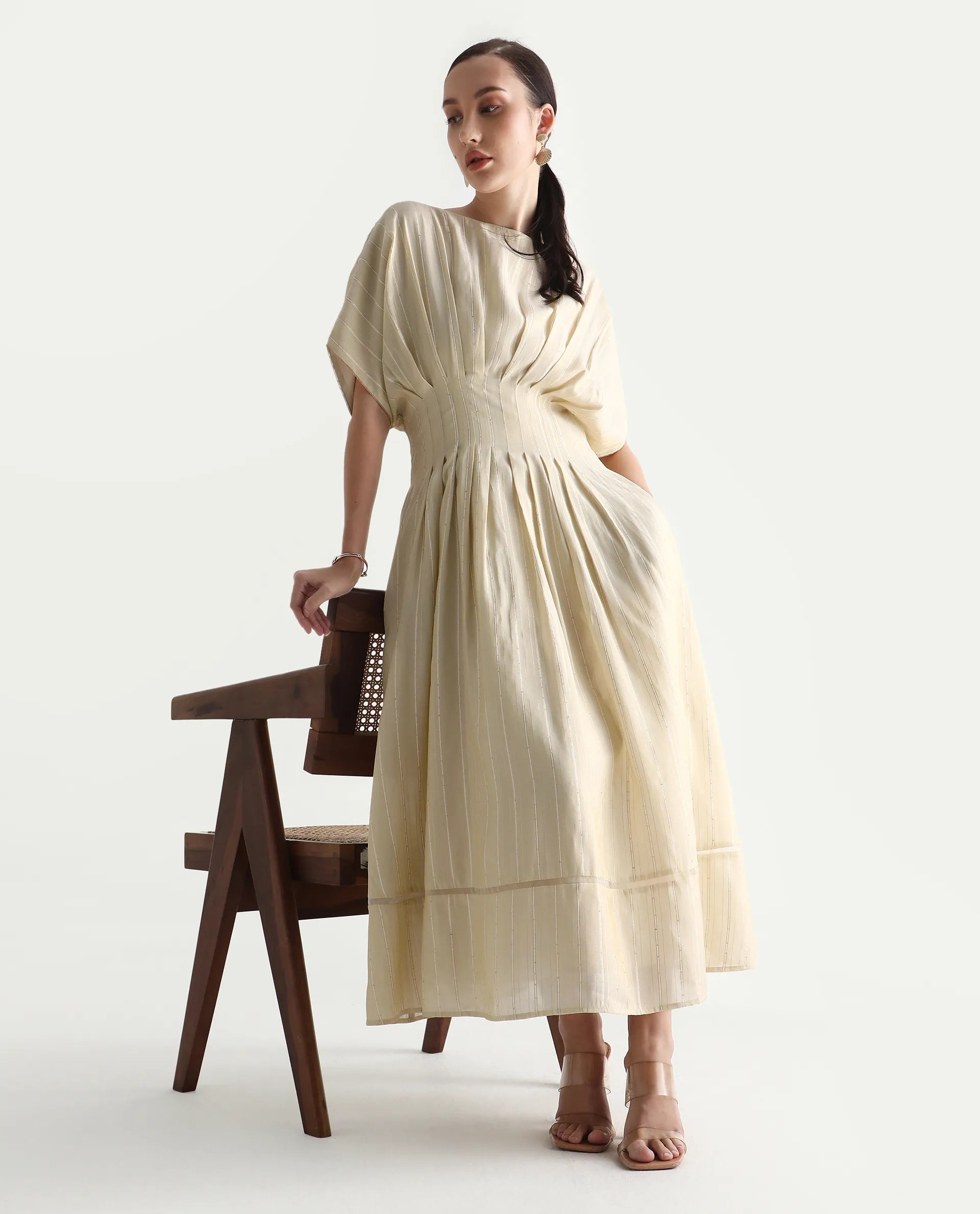 Rareism Women's Avimi Off White Viscose Round Neck Fit And Flare Plain Midi Dress