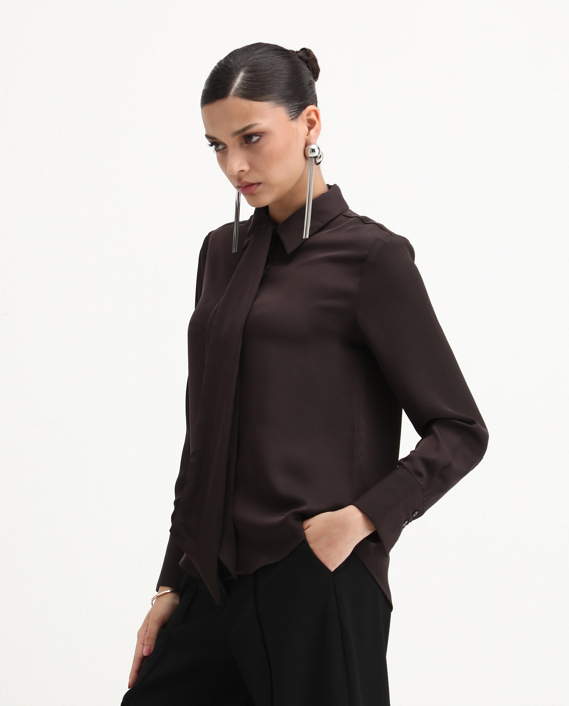 Rareism Women's Aviol Brown Polyester Collared Neck Regular Fit Shirt