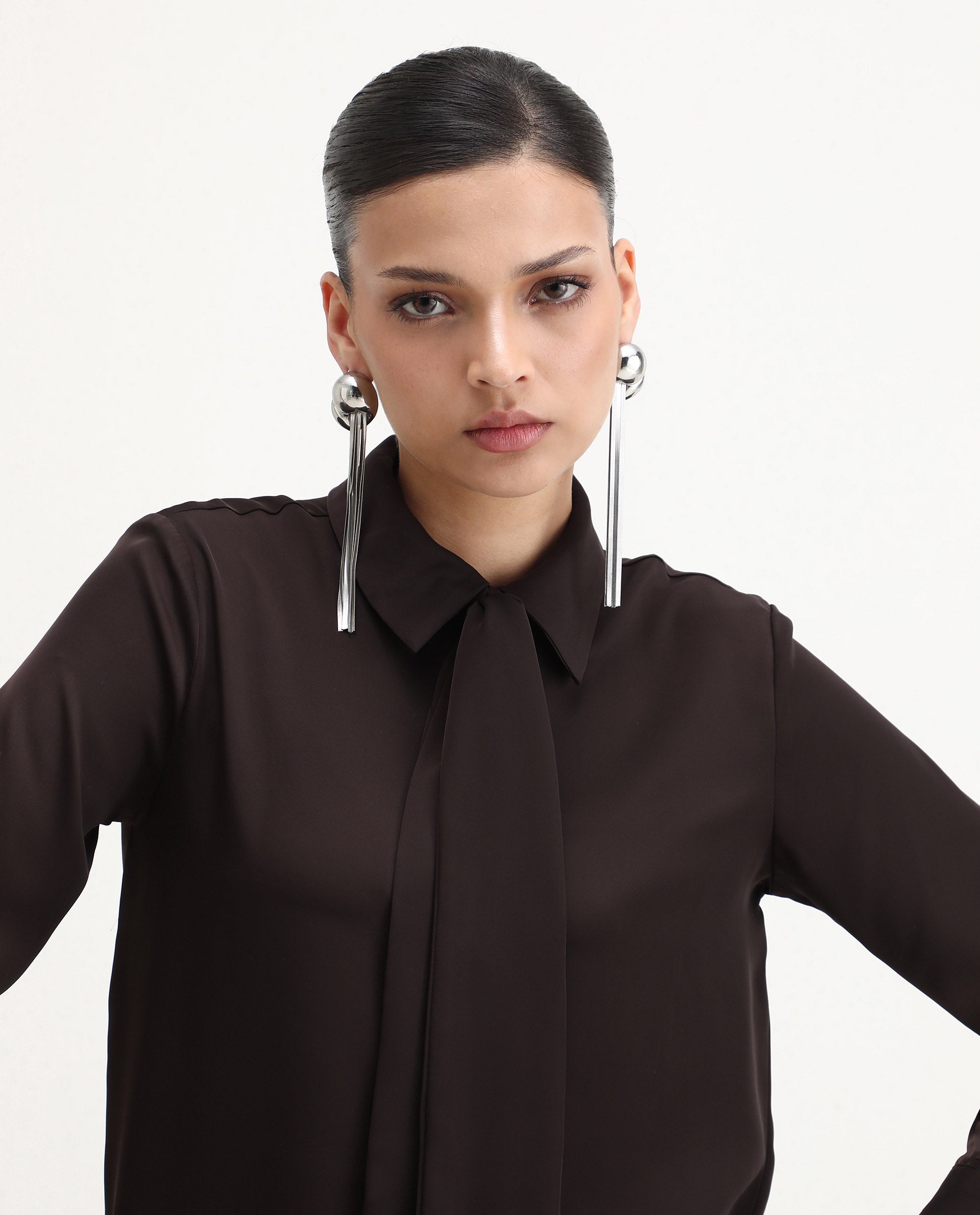 Rareism Women's Aviol Brown Polyester Collared Neck Regular Fit Shirt