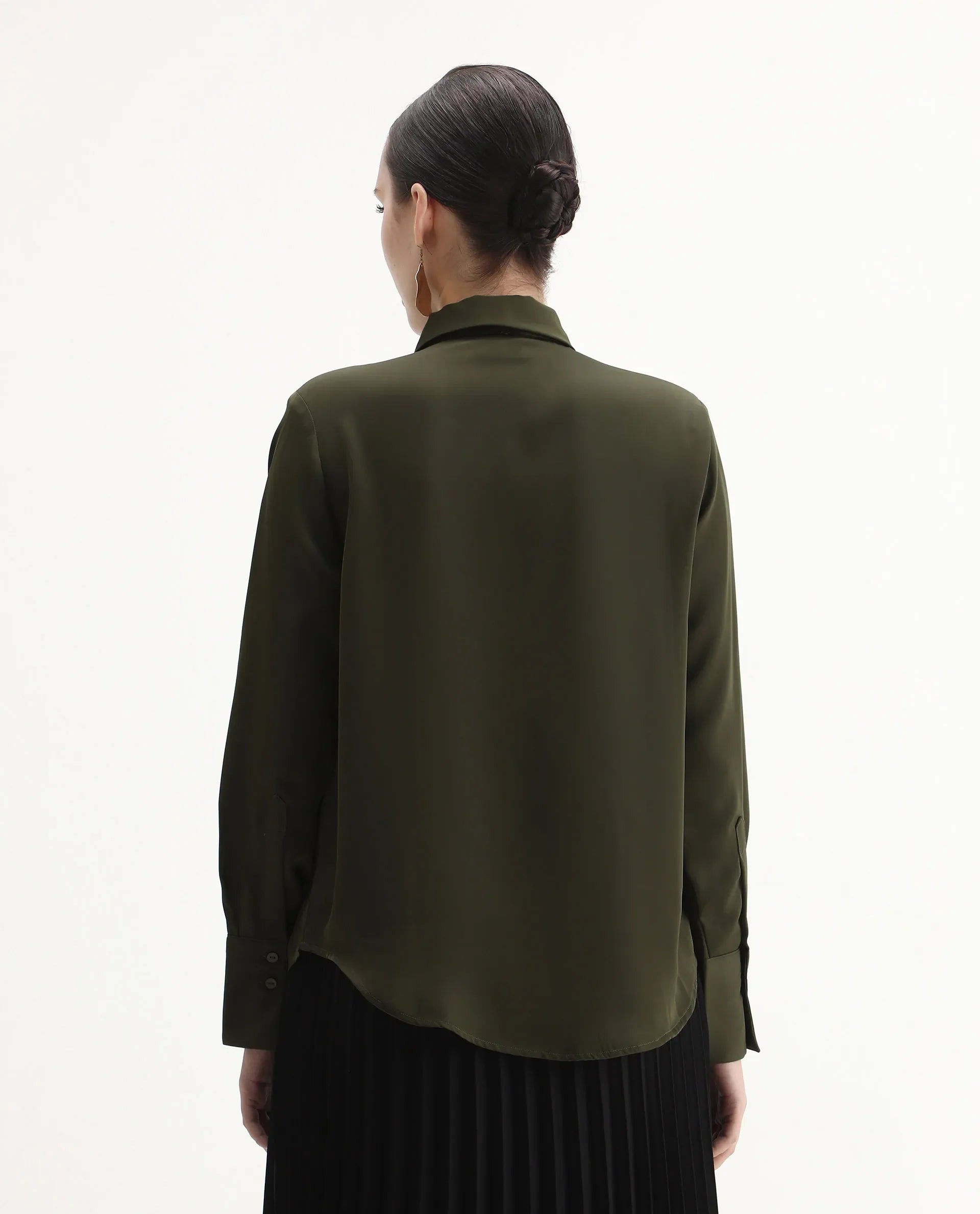 Rareism Women Aviol Olive Collared Neck Button Closure Plain Shirt