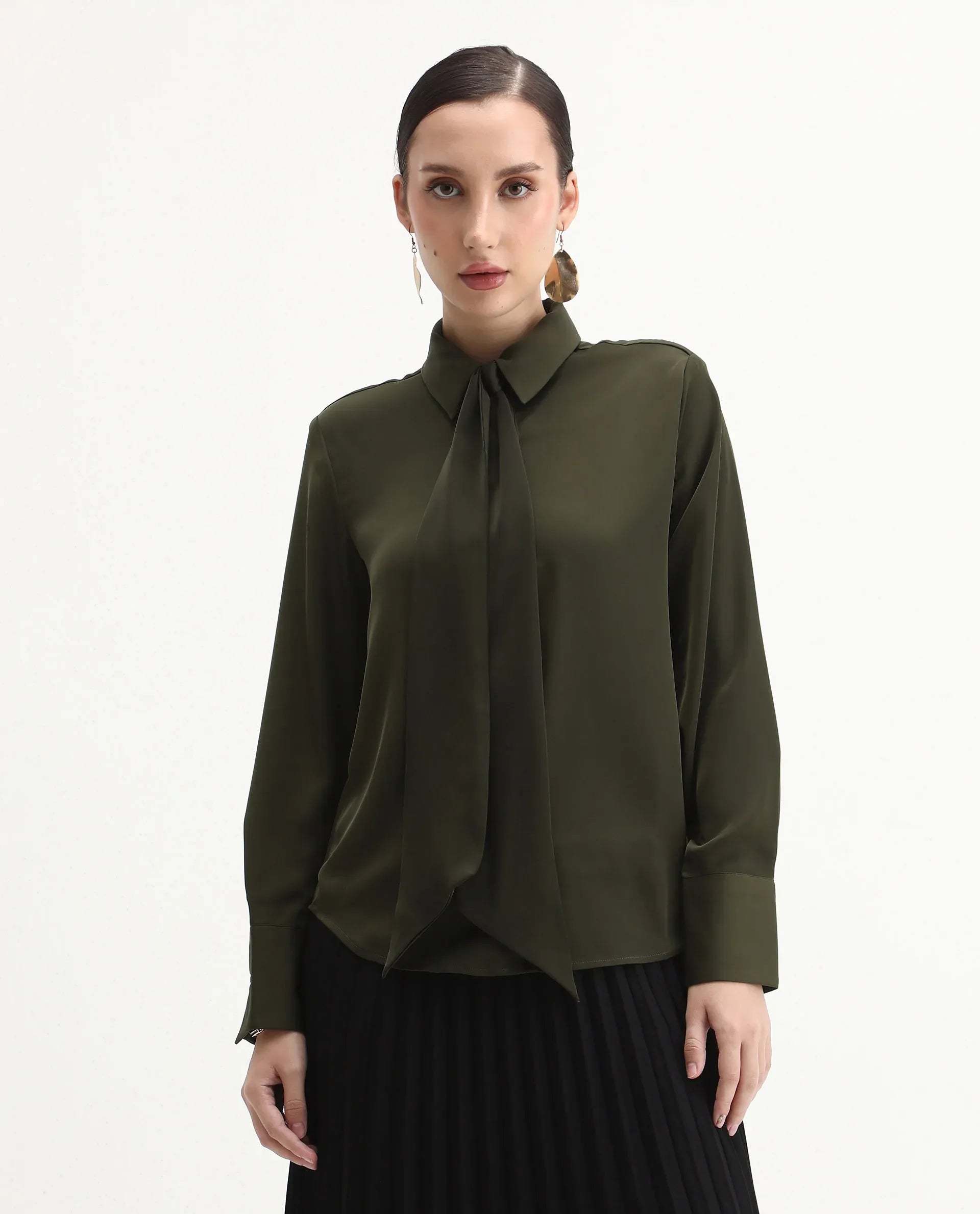 Rareism Women Aviol Olive Collared Neck Button Closure Plain Shirt