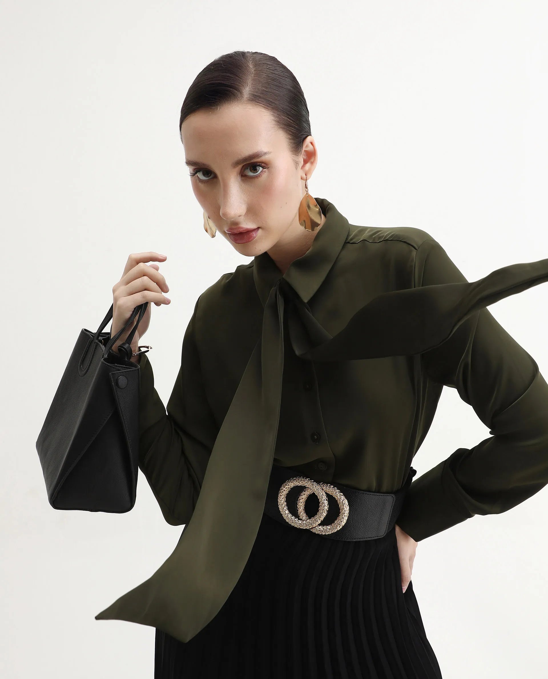 Rareism Women Aviol Olive Collared Neck Button Closure Plain Shirt