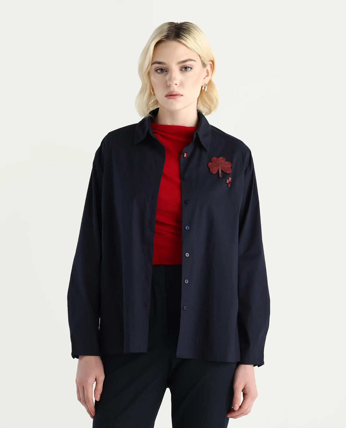 Rareism Women's Avion Navy Cotton Blend Collared Neck Boxy Fit Shirt