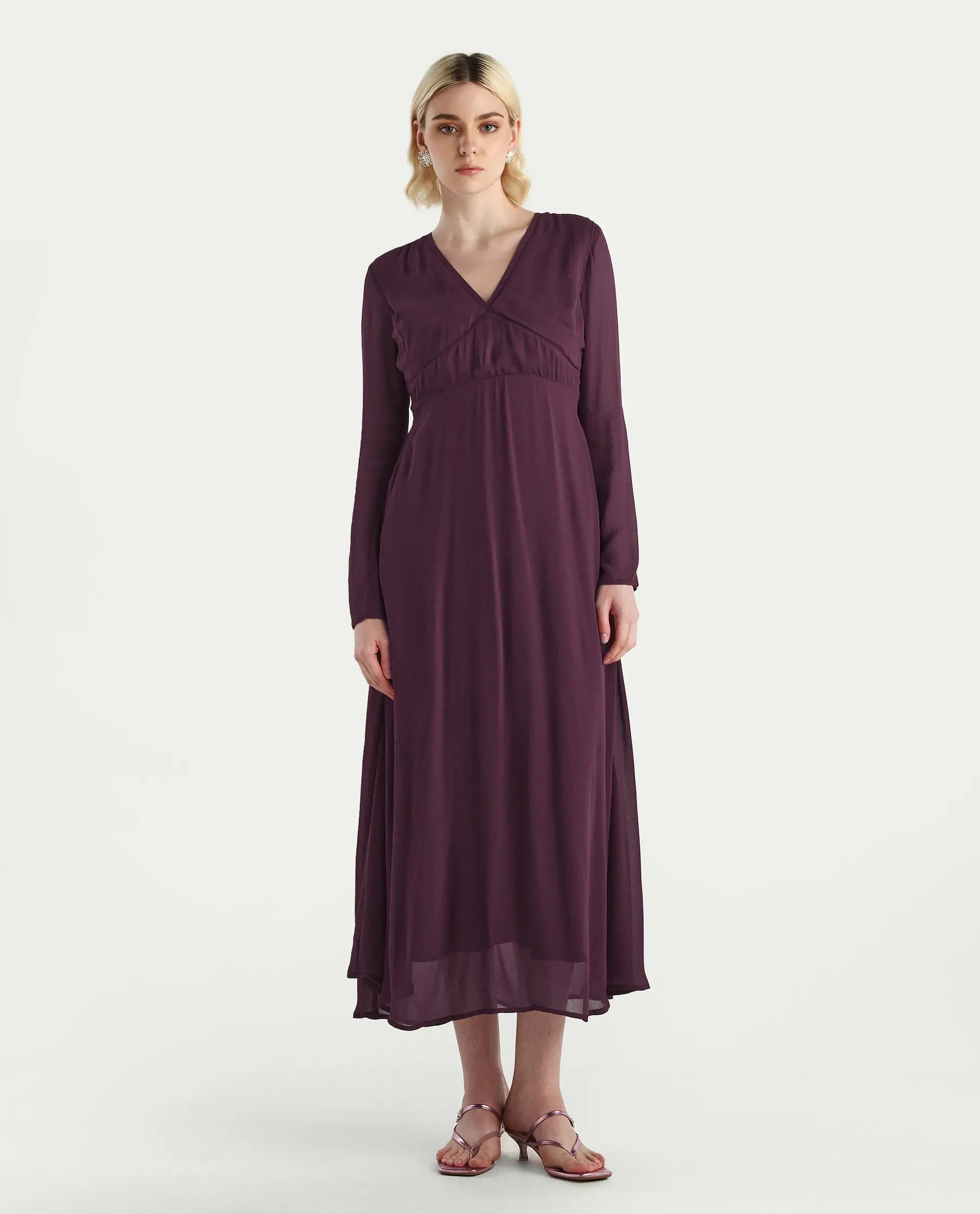 Rareism Women's Aviri Maroon Viscose V-Neck Fit And Flare Plain Dress