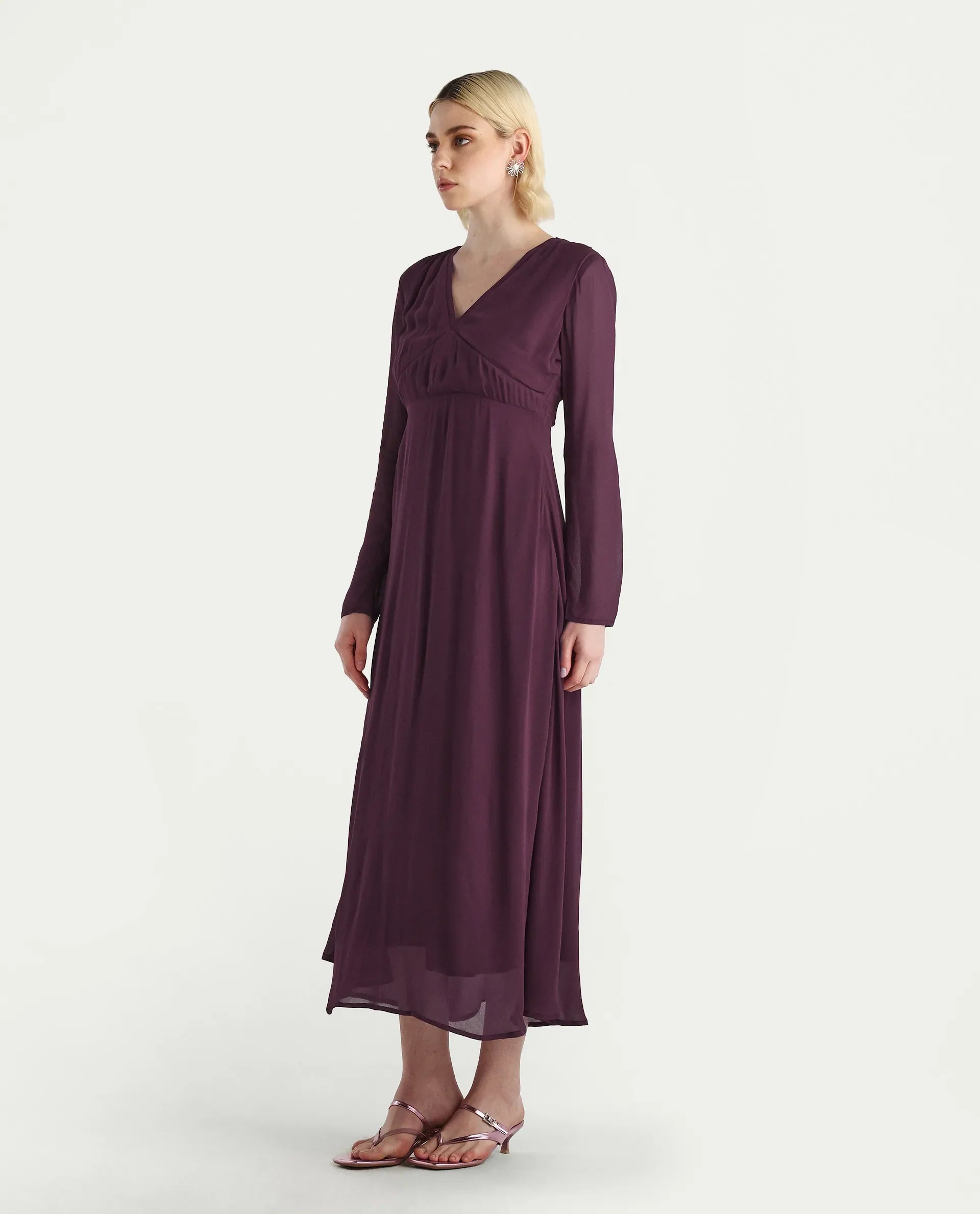 Rareism Women's Aviri Maroon Viscose V-Neck Fit And Flare Plain Dress