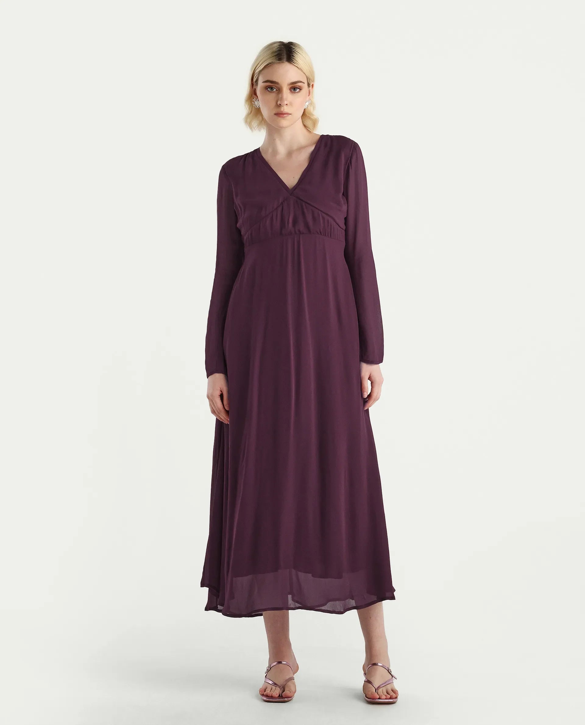 Rareism Women's Aviri Maroon Viscose V-Neck Fit And Flare Plain Dress