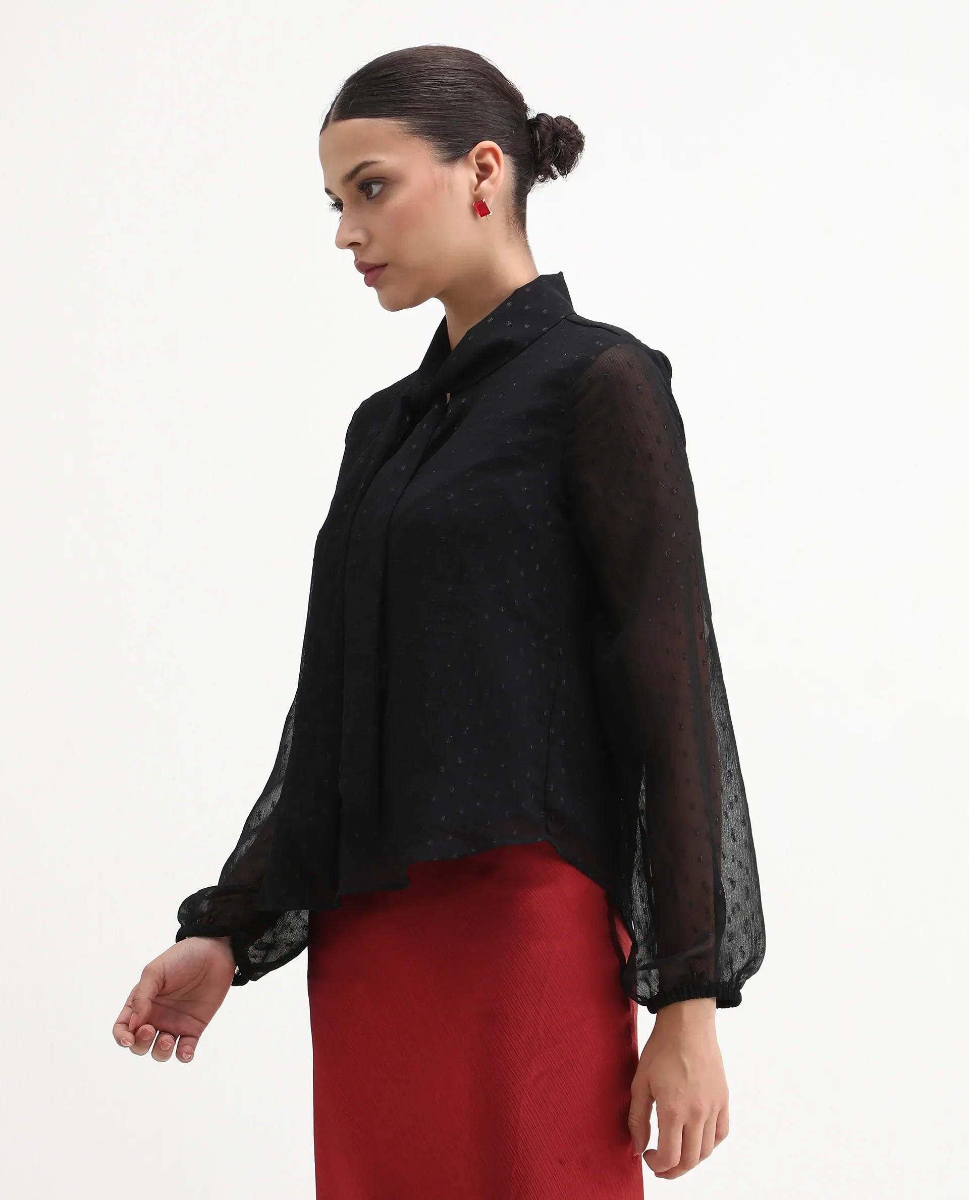 Rareism Women's Avix Black Polyester Tie-Up Neck Regular Fit Top