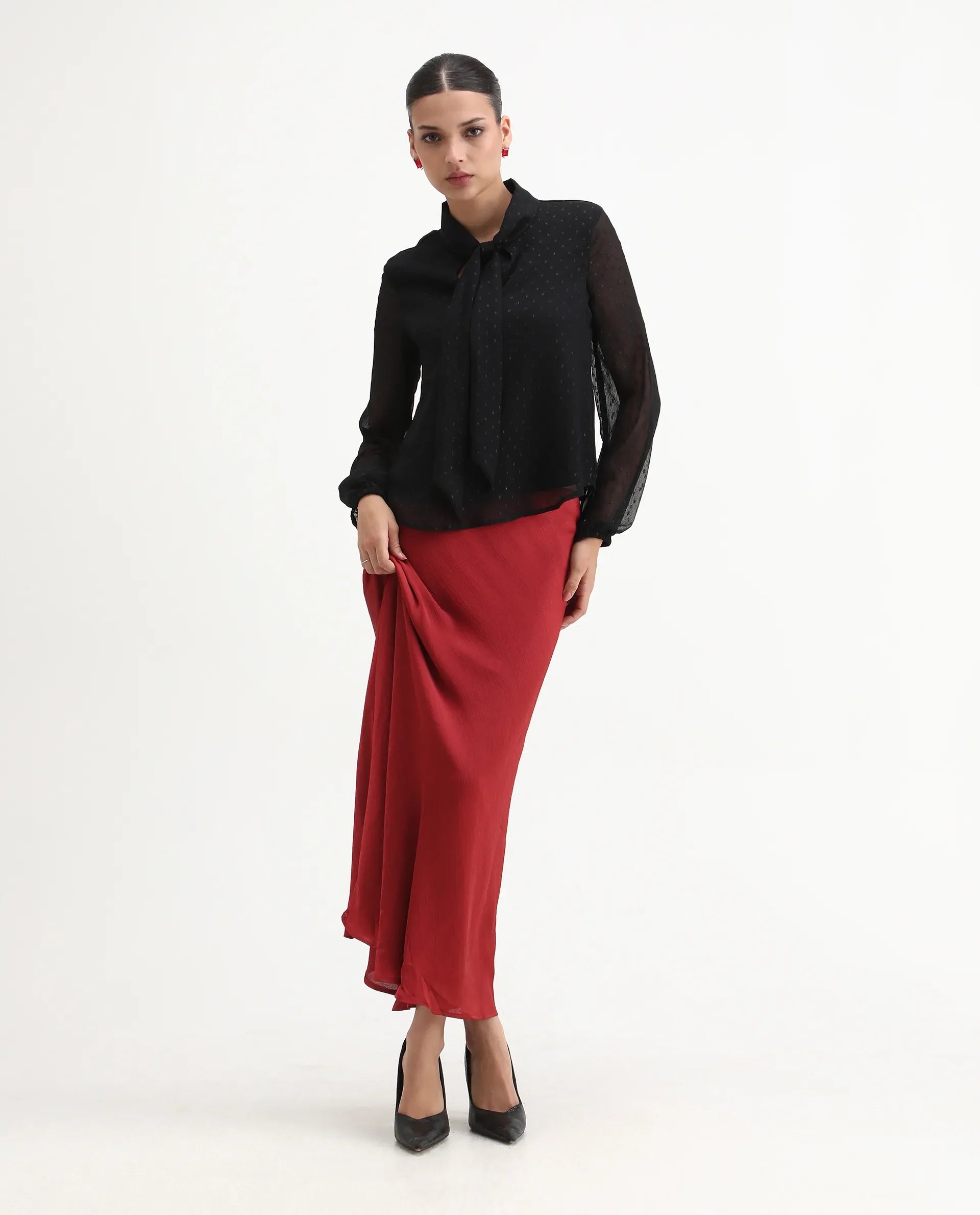 Rareism Women's Avix Black Polyester Tie-Up Neck Regular Fit Top