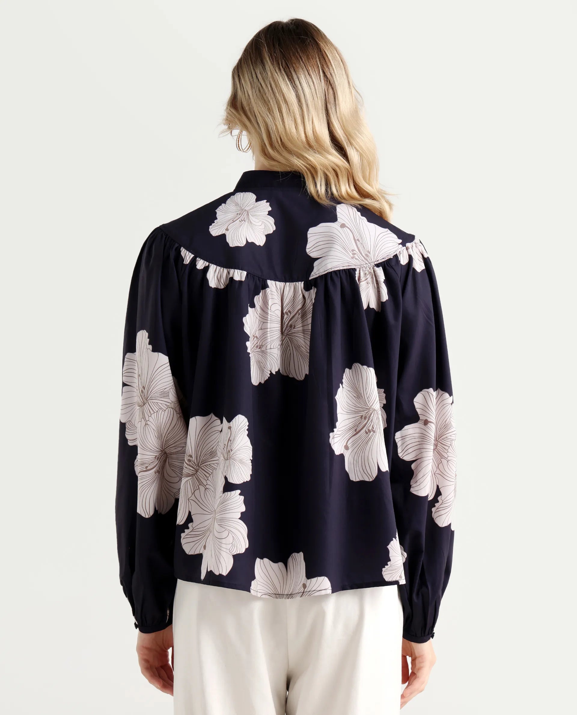 Rareism Women's Azure Dark Navy Polyester High Neck Floral Print Bishop Sleeve Relaxed Fit Top