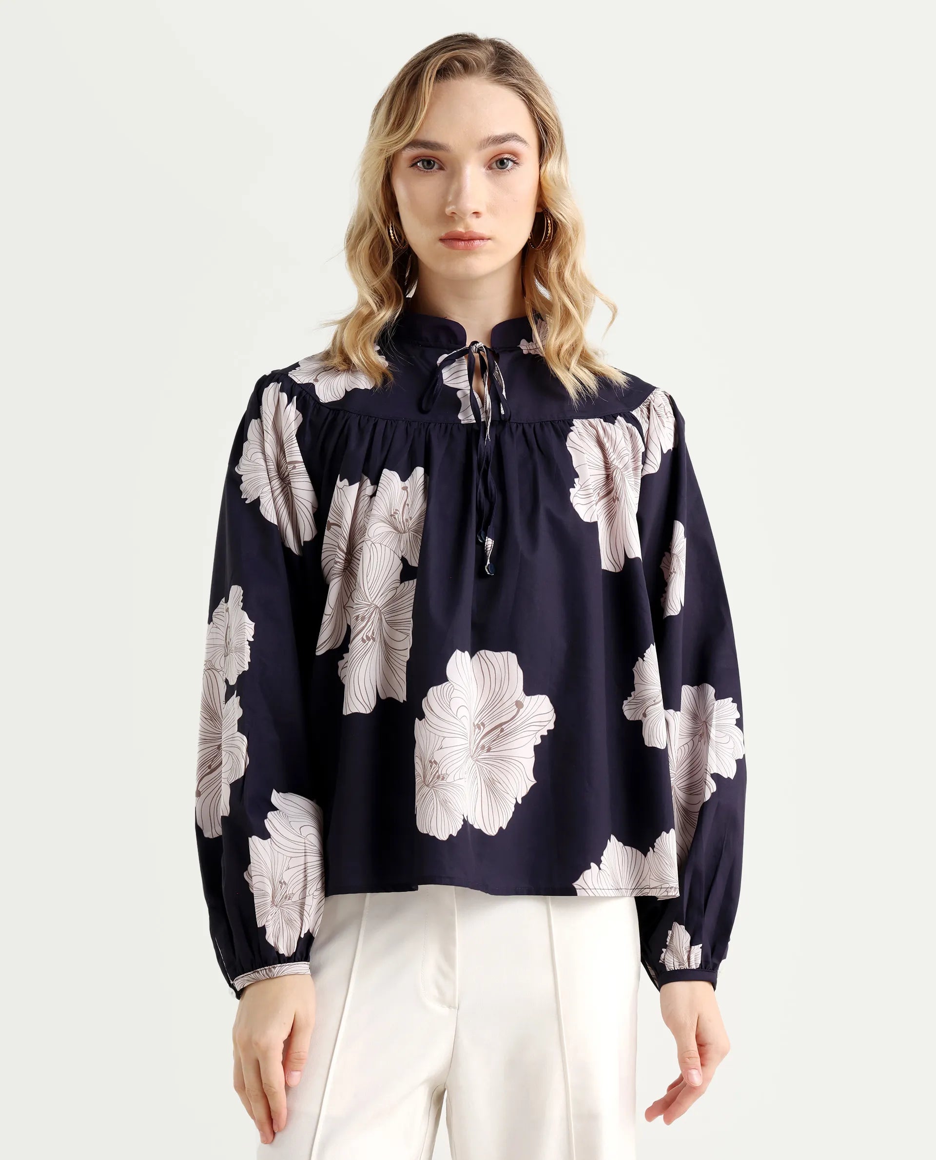 Rareism Women's Azure Dark Navy Polyester High Neck Floral Print Bishop Sleeve Relaxed Fit Top