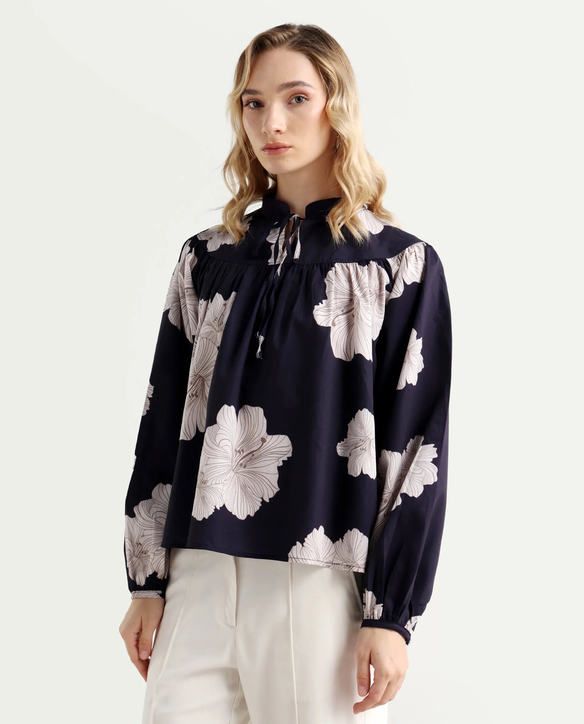 Rareism Women's Azure Dark Navy Polyester High Neck Floral Print Bishop Sleeve Relaxed Fit Top